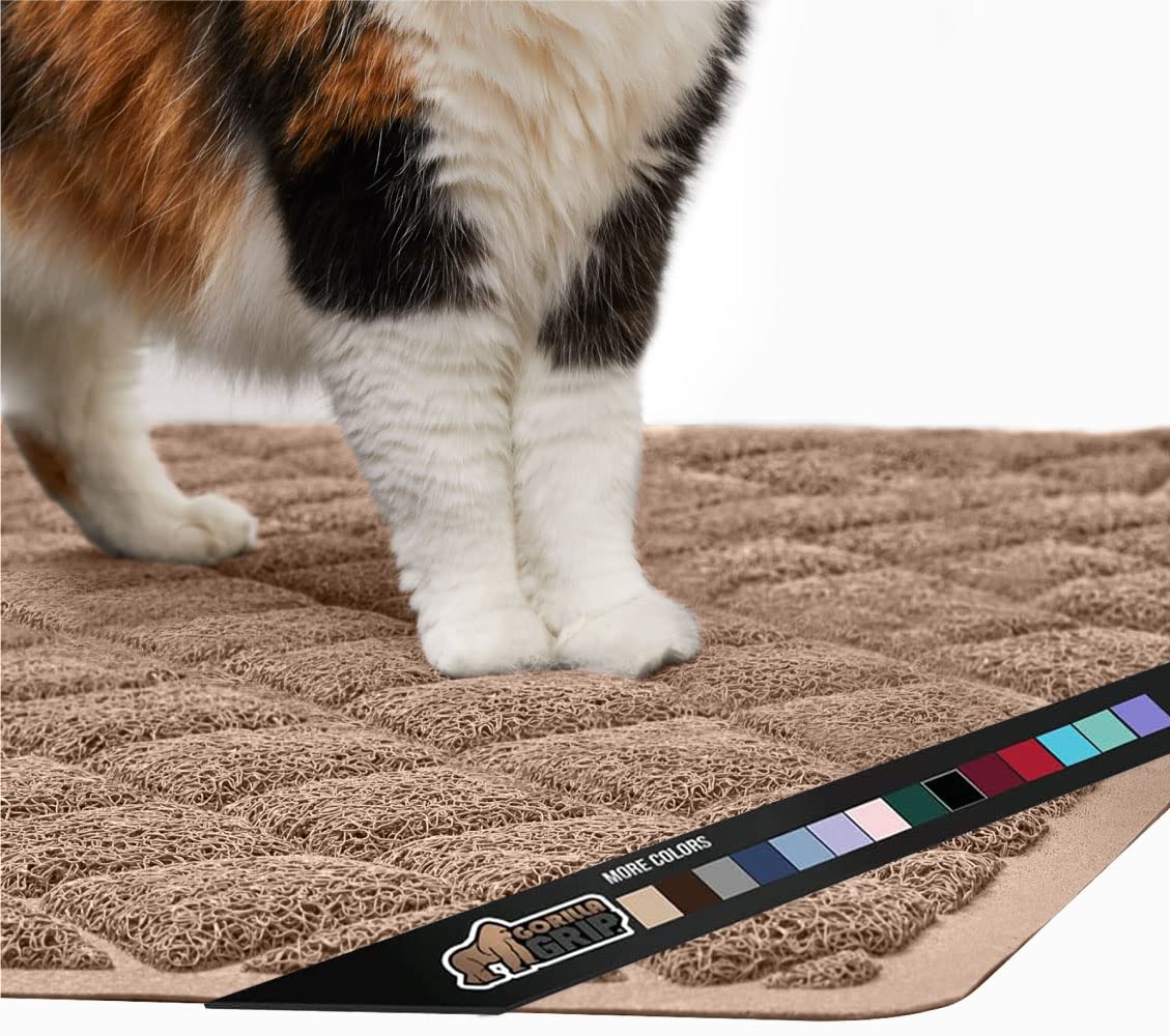 Gorilla Grip Thick Cat Litter Trapping Mat, 30X20, Less Waste, Traps Mess From Box For Cleaner Floors, Stays In Place For Cats, Soft On Kitty Paws, Easy Clean, Medium Size, Durable Backing, Beige