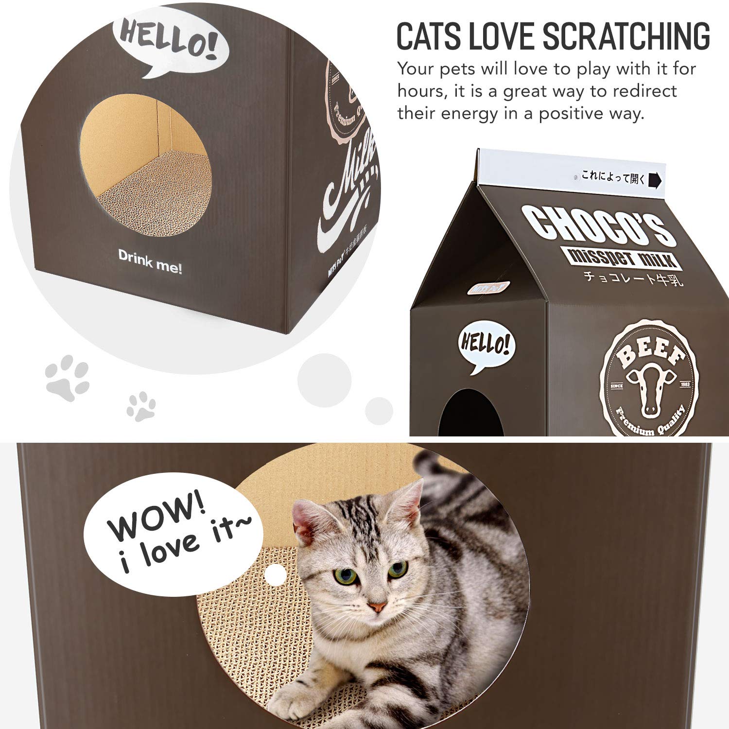 Fluffydream Cat Condo Scratcher Post Cardboard, Milk Box Shape Cat Scratching House Bed, Black Color
