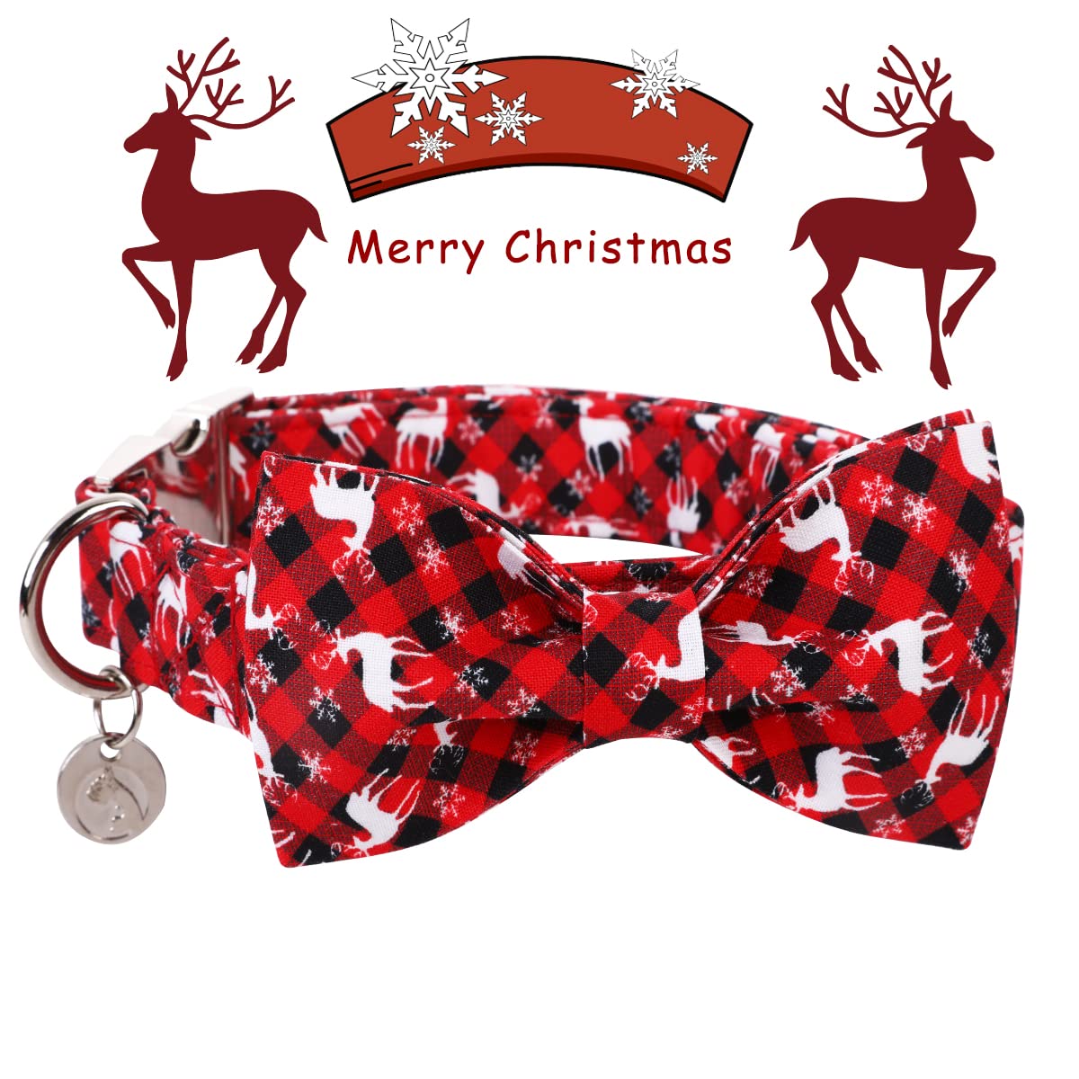 Dogwong Christmas Dog Collar With Bow Tie, Red Plaid Deer Dog Collar Soft Durable Adjustable Cotton Puppy Collar For Small Mediu