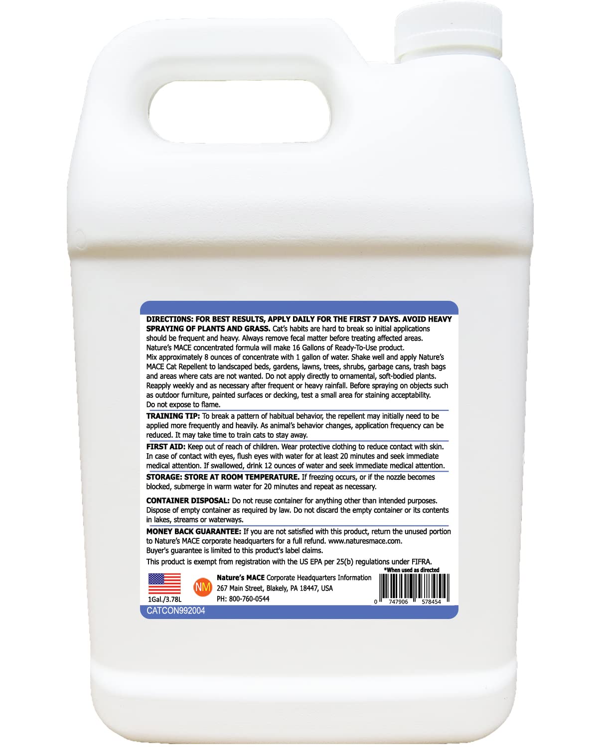 Natures MACE Cat Mace 1 Gallon Concentrate, Makes 16 Gallons, Cat Repellent Outdoor, Keep Cats Away, Indoor Spray, Keep Out of