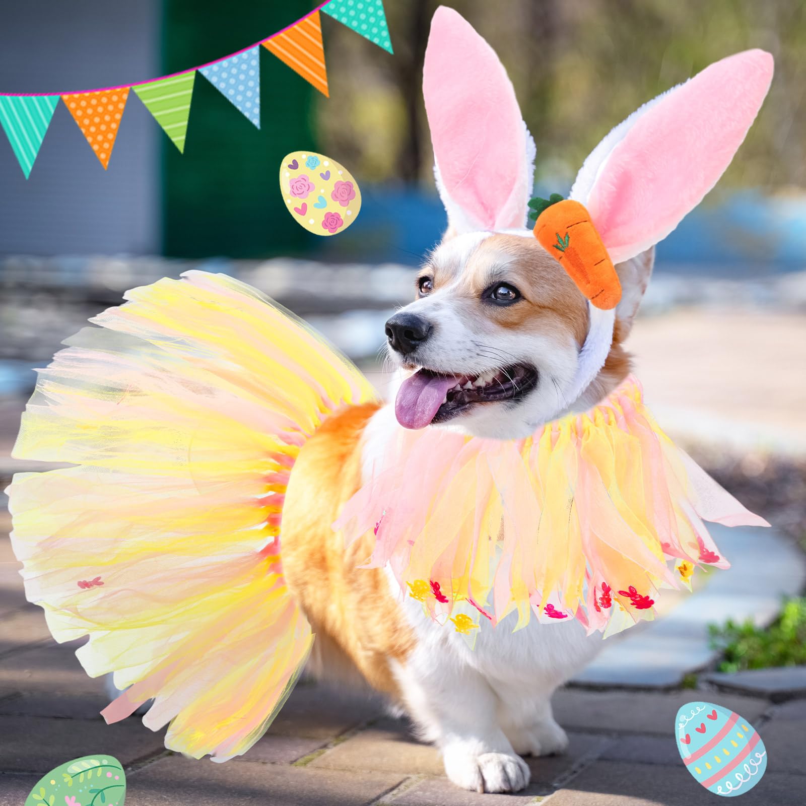 Huhumy 6 Pcs Adjustable Dog Easter Costumes Include Bunny Ears And Chick Headband Dog Bandana Easter Collar Tulle Tutu For Small
