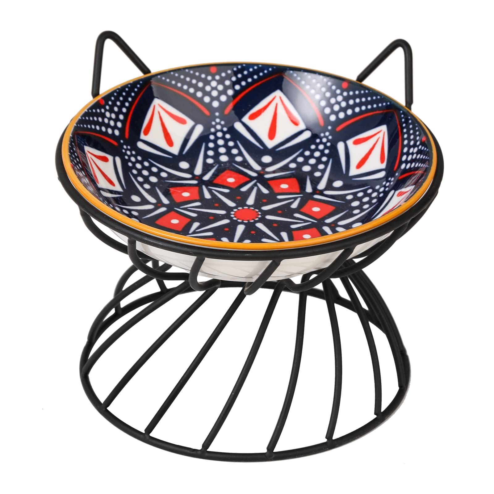 Raised Ceramic Cat Food Bowl  Elevated Cat Dish with Metal Stand  Wide, Shallow, WhiskerFriendly  Microwave & Dishwasher Saf
