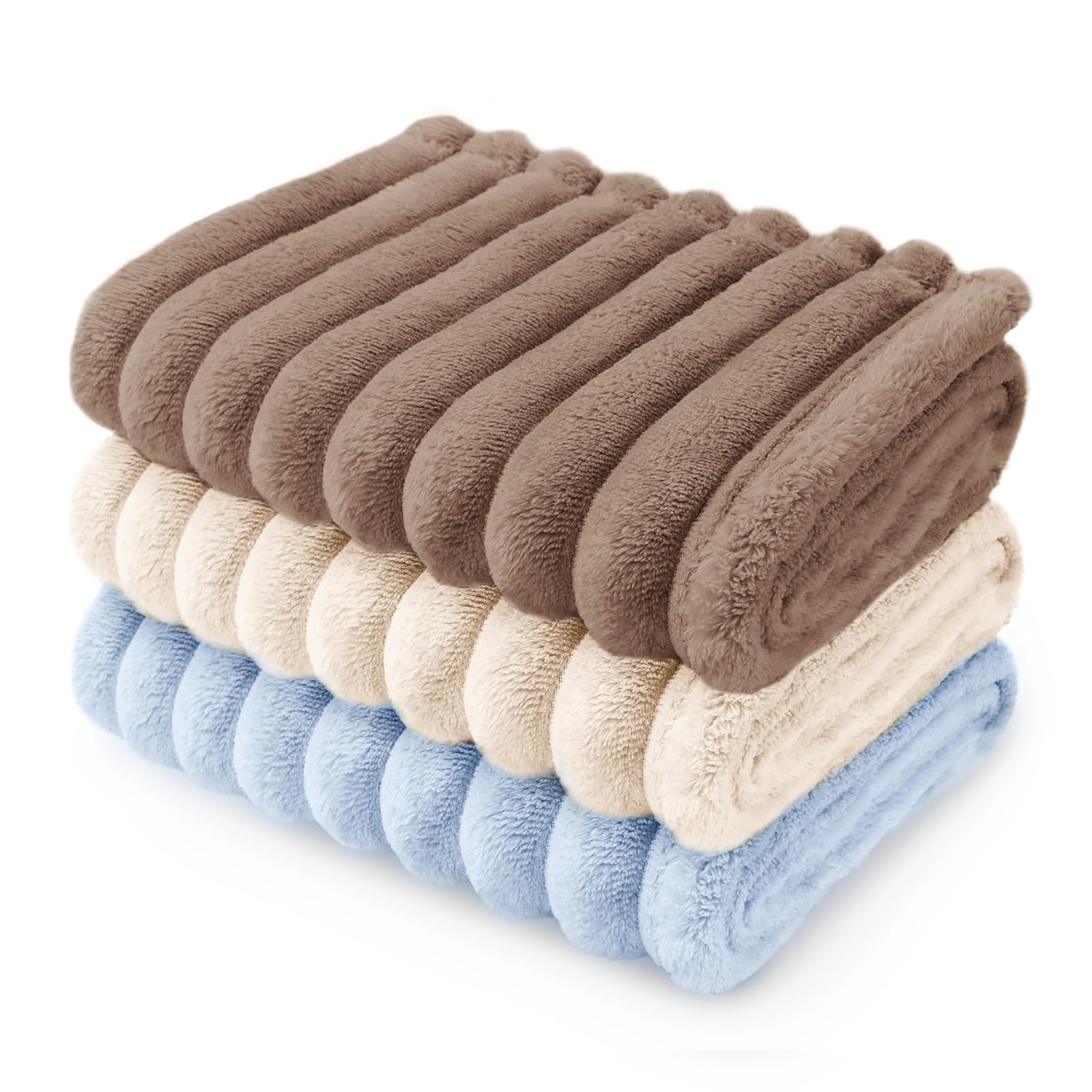 LINENLUX 1 Pack 3 Soft Dog Blanket Washable Warm Fleece Cat Blankets for Pet Puppy Fluffy Calming Flannel Brown/White/Blue Large