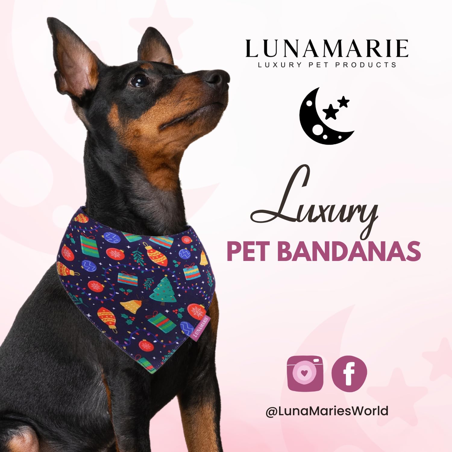 Lunamarie - Luxury Pet Birthday Bandanas -Premium & Silky Poly Fabric | 100% Handmade | Custom Shape Dual Layered (Christmas Tre