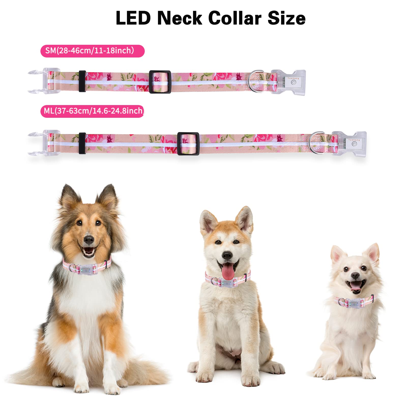YUSHANG LED Dog Collar 2 Pack, Rechargeable Waterproof, 11-18.1" Neck, Polyester, Rose+Black, Model YS20220920