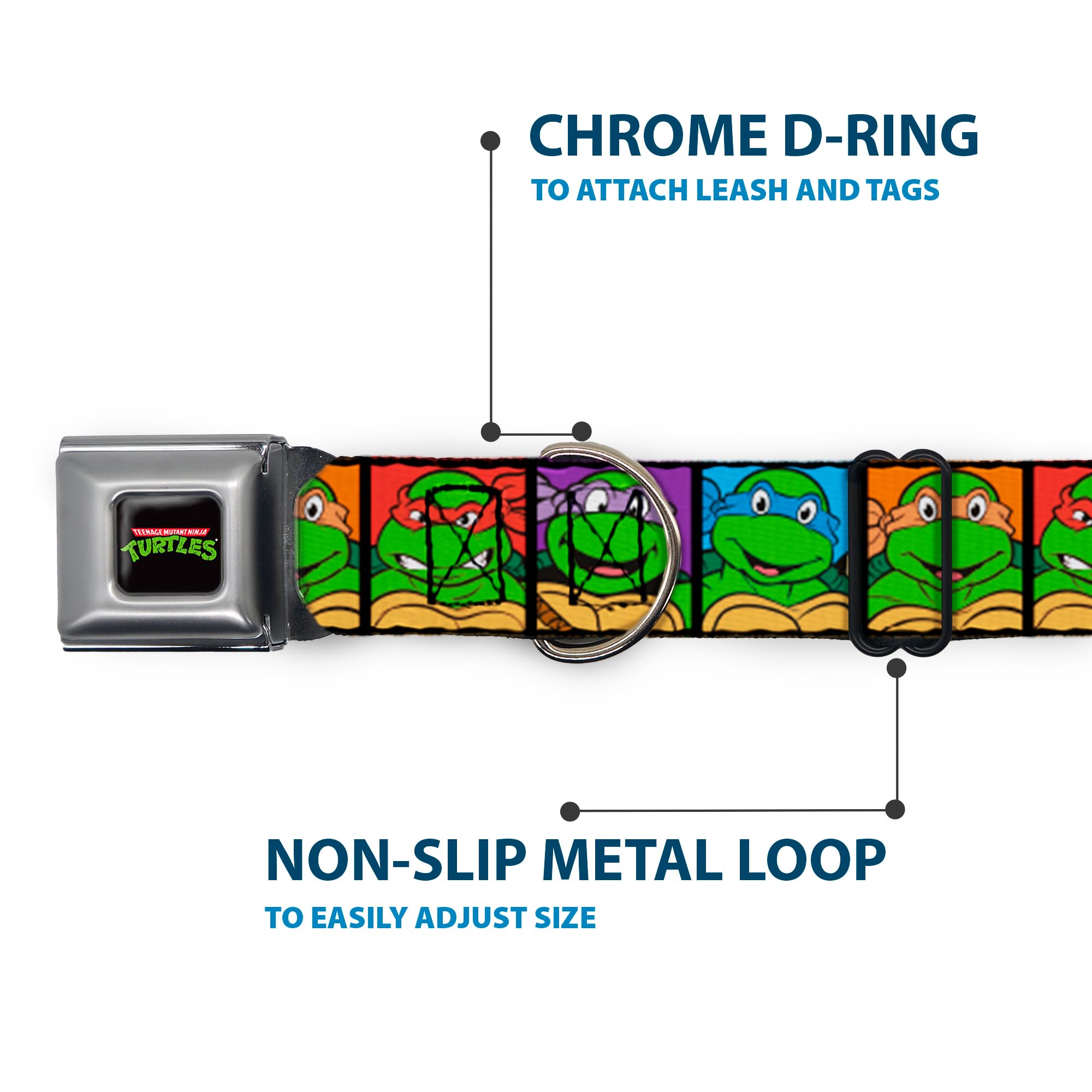 Buckle-Down Seatbelt Buckle Dog Collar - Classic Tmnt Face Blocks Black/Multi Color - 1' Wide - Fits 9-15' Neck - Small