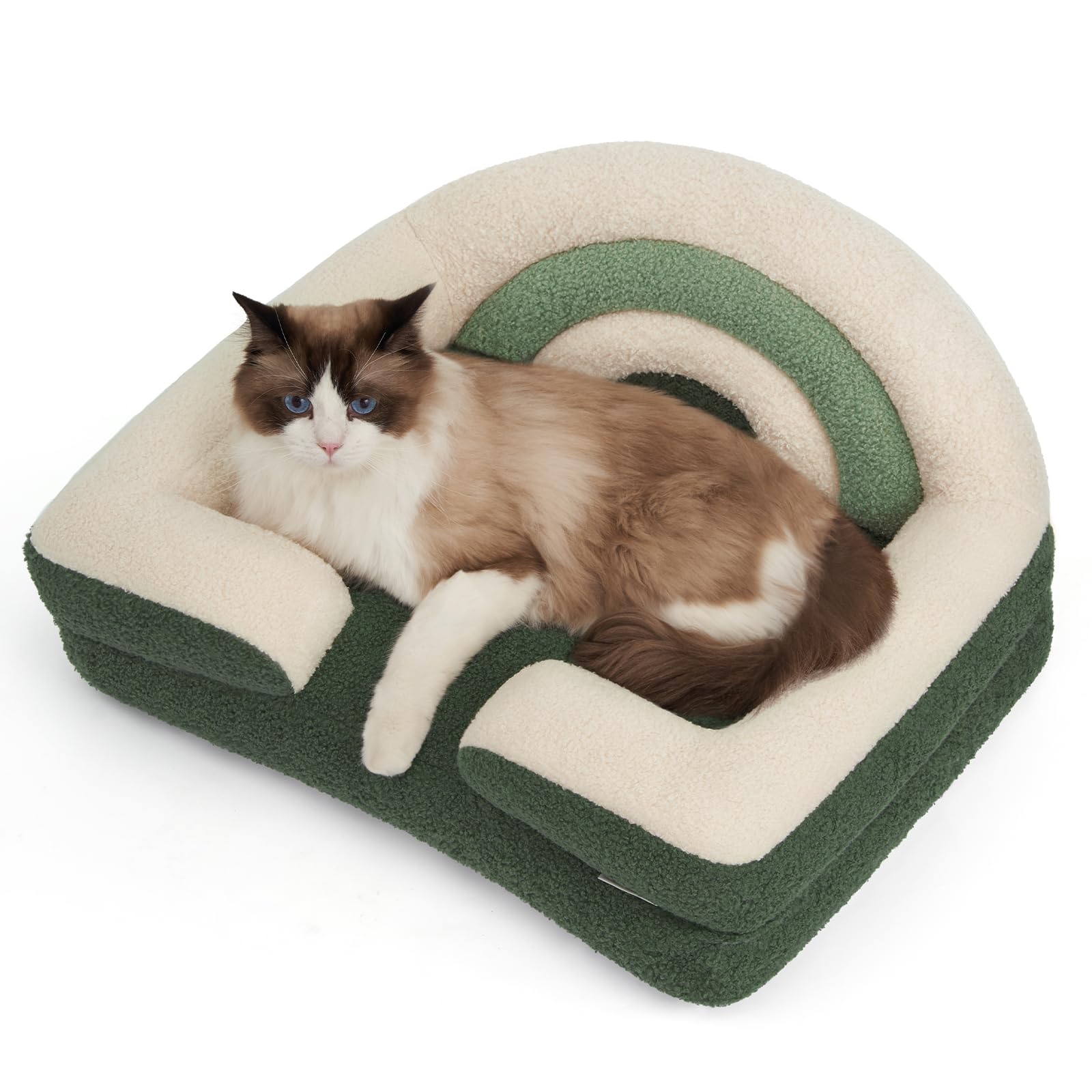 Blissful Diary Foam Cat Bed Small Size, Washable Pet Bed For Cats And Dogs, Soft Teddy Plush With Rainbow Design (Green)