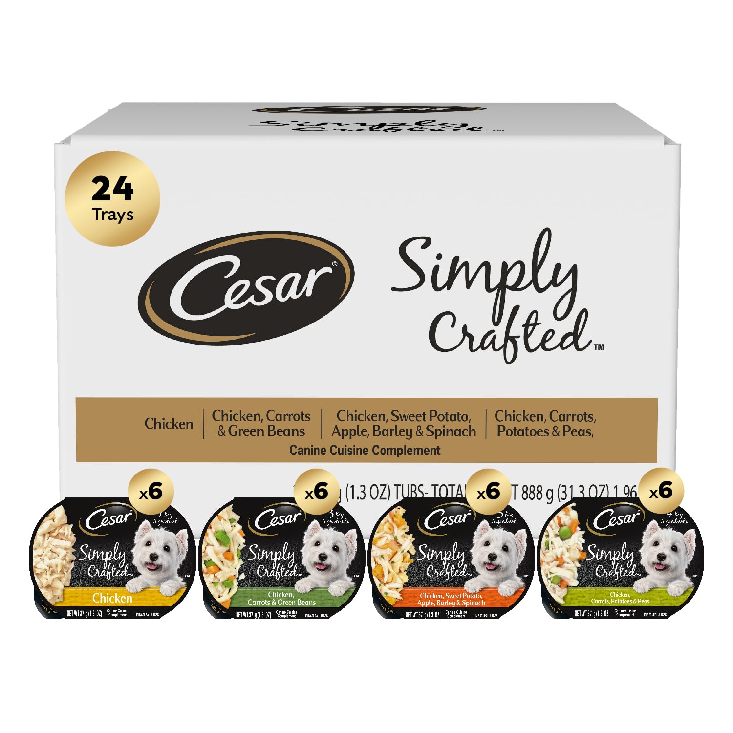 Cesar Simply Crafted Adult Wet Dog Food Toppers for Dry Food, Variety Pack, 1.3 oz Tubs, 24 Count
