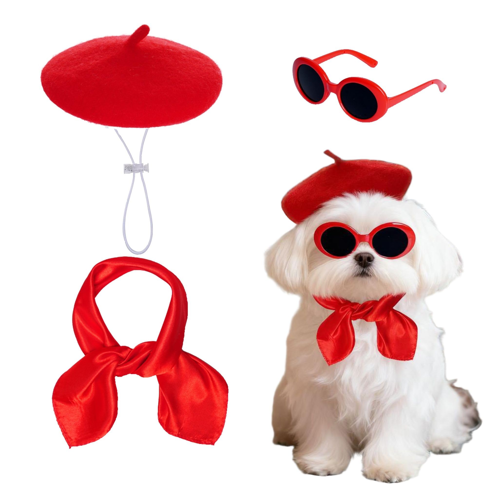 Haakong Dog Beret Set Including Dog Beret Satin Scarf Funny Glasses Pet French Artist Beanie for Small Dogs Cats Halloween Chris