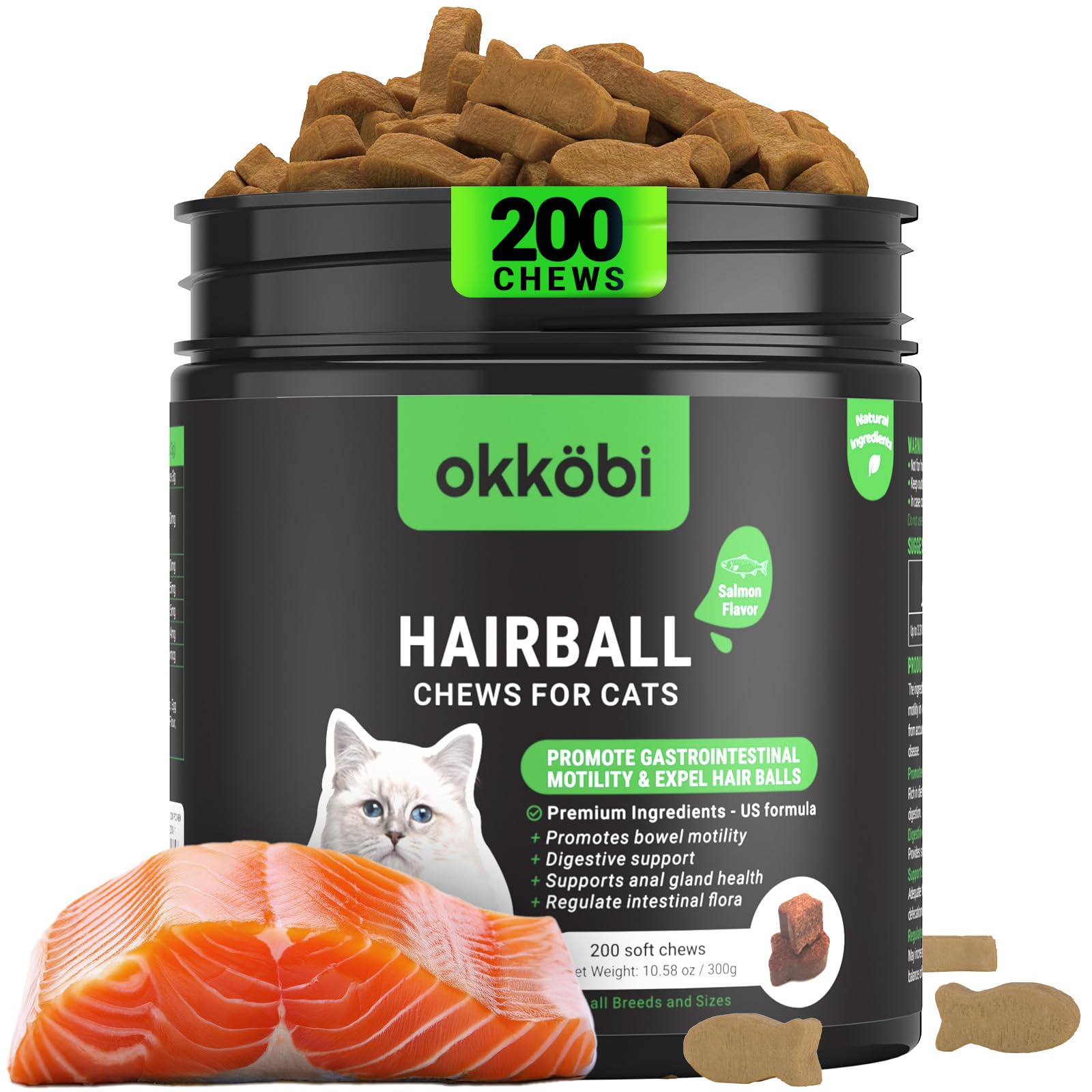 OKKBI Cat Hairball Remedy Treats - 200 Chews - Cat Hair Ball - Supports Digestion, Skin & Coat Health - Hairball Control for Kit