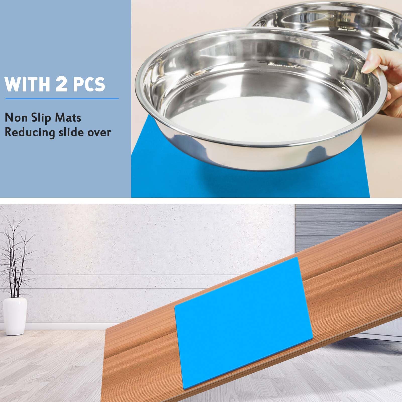 Shallow Dog Food Bowls, Non Slip Food Grade Stainless Steel Bowls for Large Dogs - 8 Cups / 2 Quart (2 Pcs)