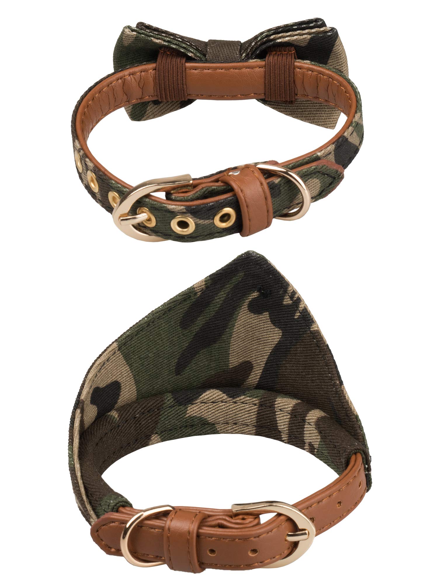 Gyapet Small Dog Collar Puppy Cat Tiny Pet Bow Tie & Bandana 2Pcs Set Pu Leather Canvas Scarf Durable Camo-Green