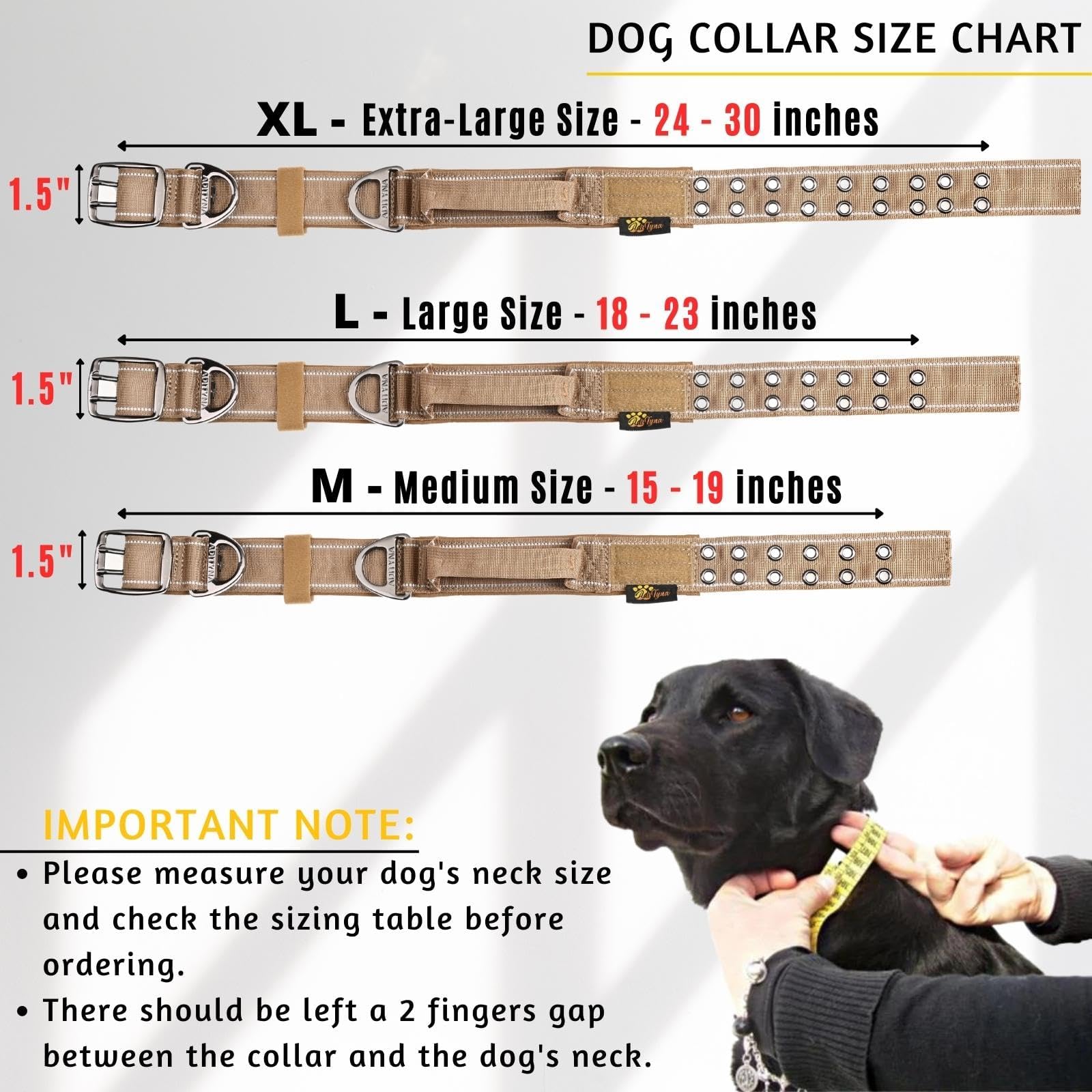 ADITYNA Heavy Duty Dog Collar for Large Dogs - Reflective, Soft Neoprene Padded, Coyote Brown, Fit 18-23" Neck, Model TC2 - L
