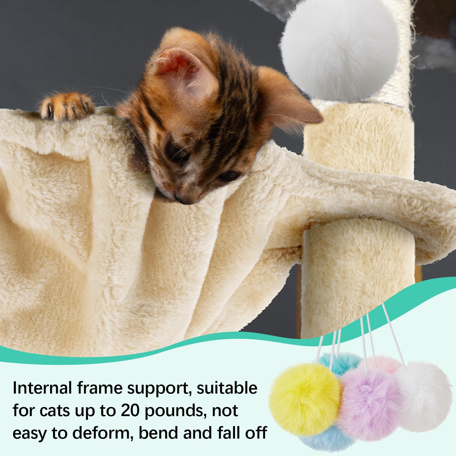 Dansydaisy Cat Tree Hammock Bed Replacement Parts, 14.6" Beige, Metal with Pom Pom Toys & Elastic Strings, Model ZHU-Dansydaisy-1088