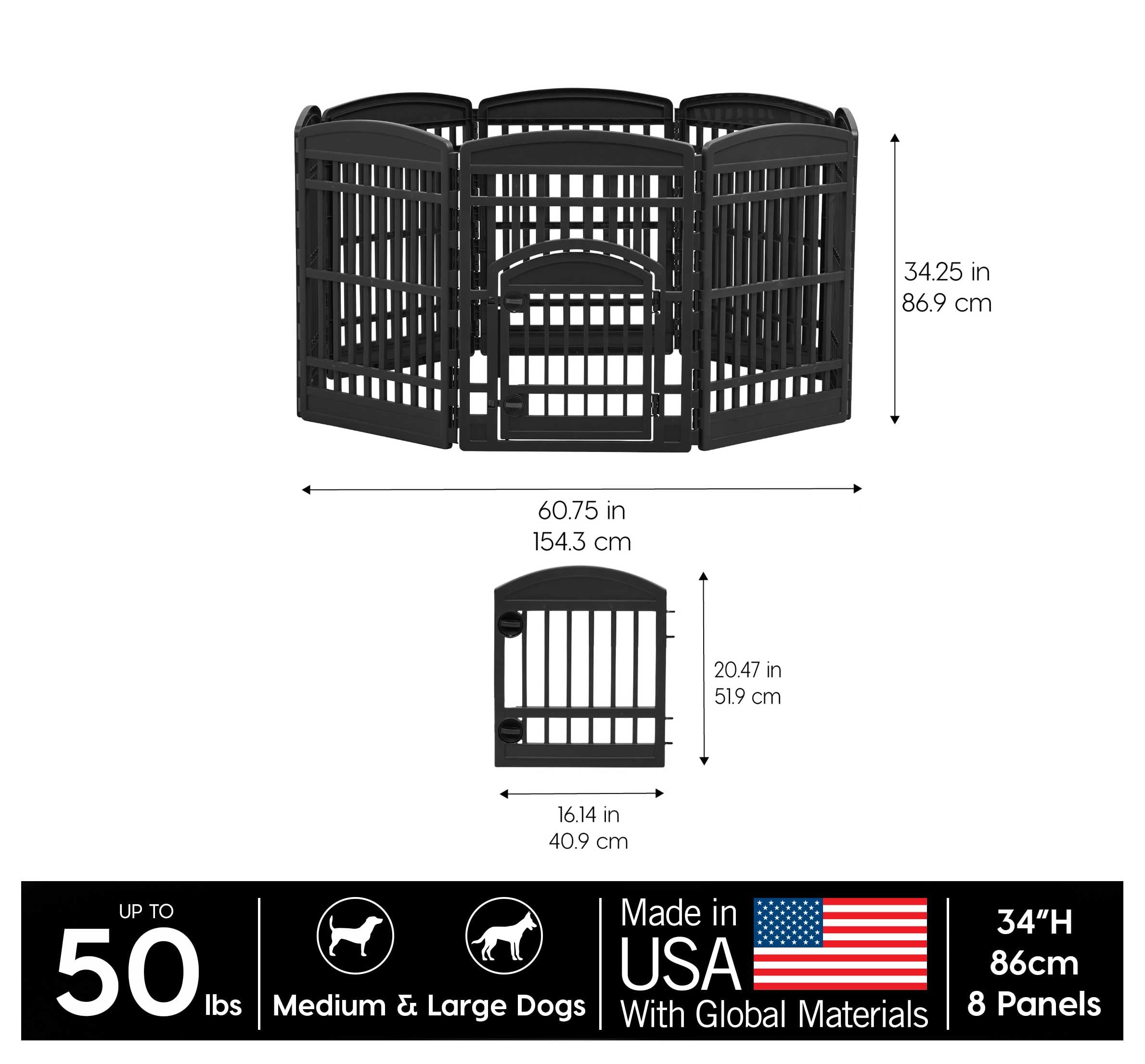 Iris Usa 34' Exercise 8-Panel Pet Playpen With Door, Dog Playpen, For Medium And Large Dogs, Keep Pets Secure, Easy Assemble, Fold It Down, Easy Storing, Customizable, Black