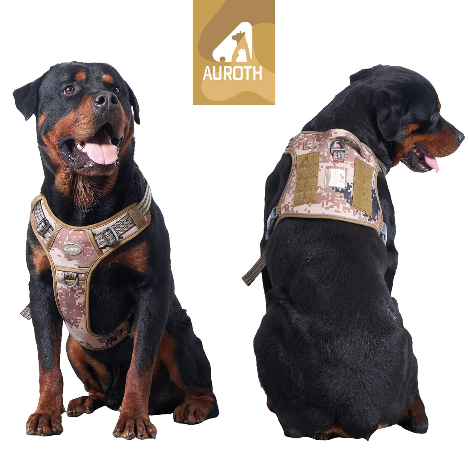 AUROTH Tactical Pet Harness for Large Dogs, No Pull, Adjustable, Nylon, L, Desert Camo, Model 301-Desert Camo-L