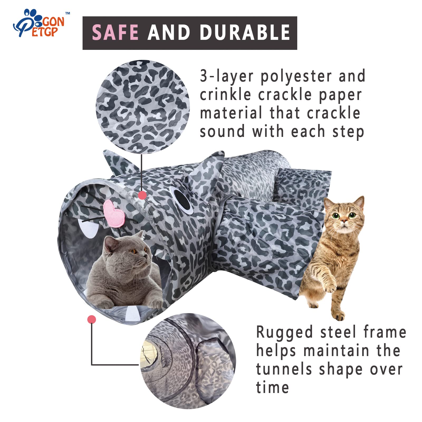 GONPETGP Cat Tunnel - Large Collapsible Interactive Crinkle Tube, 11x46in, Grey, Model A-03, Ideal for Cats and Small Pets