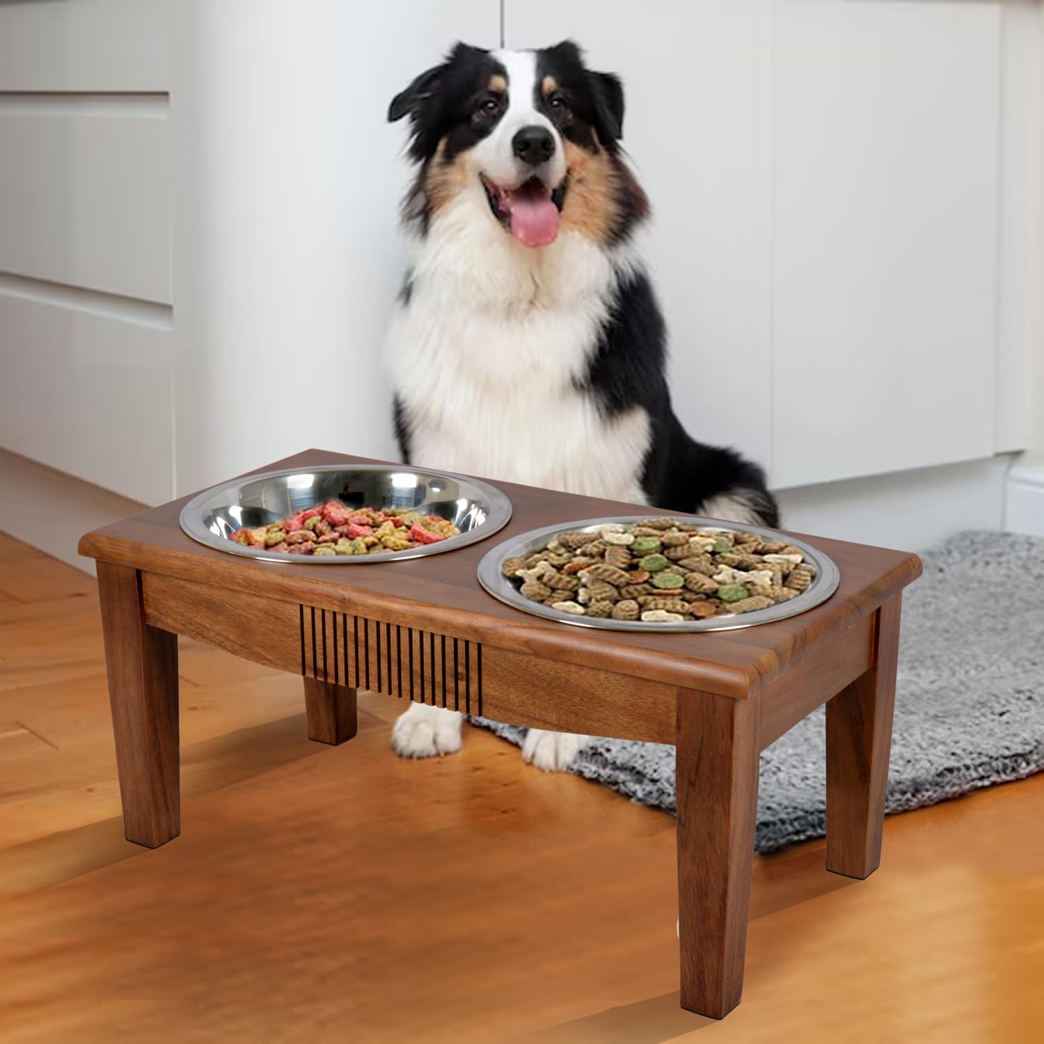 Pure Souls Fluffy Pet Feeder, Natural Acacia Wood Feeders Stand, Elevated Dog Bowls 750 Ml, Food Water Diner, Durable Double Bow
