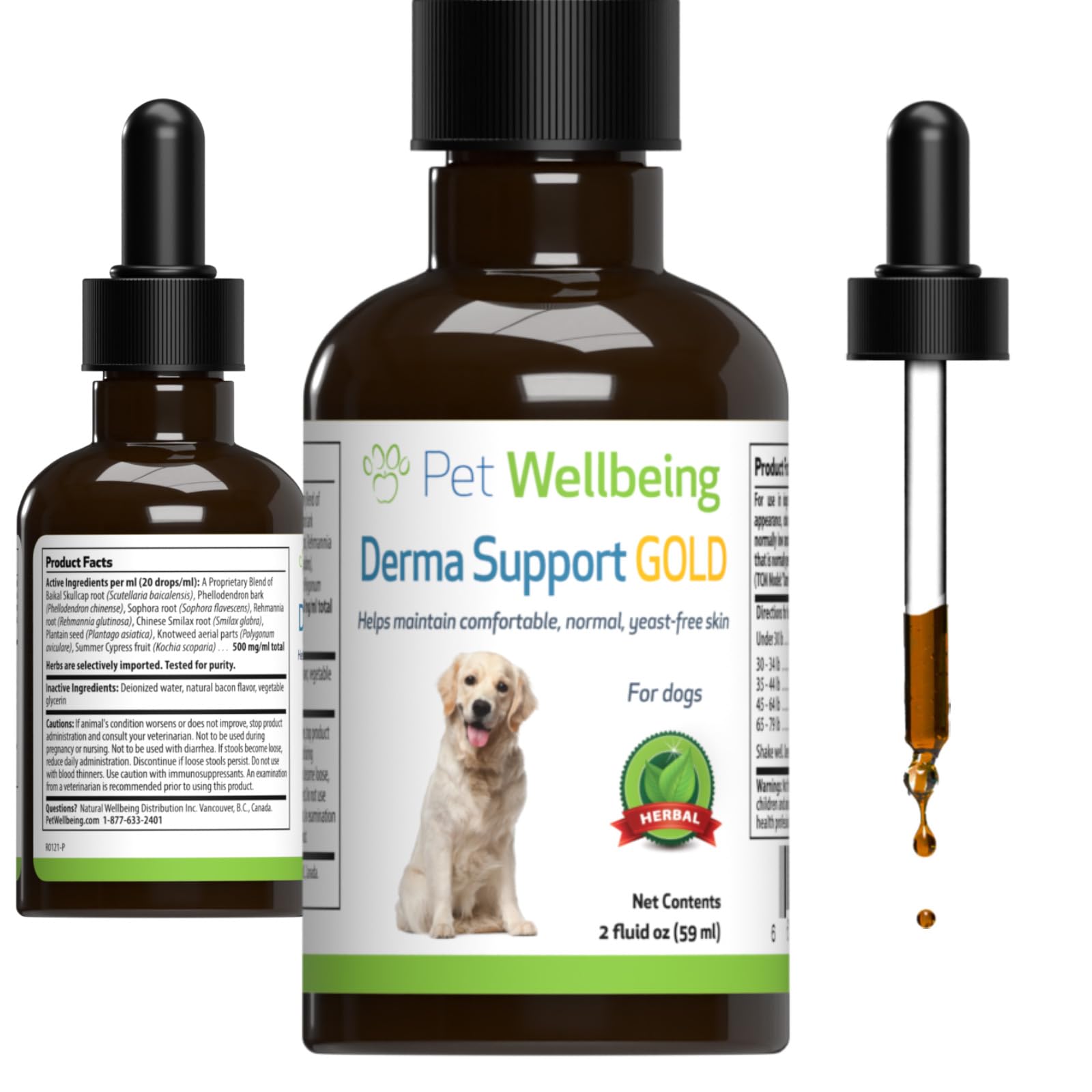 Pet Wellbeing Derma Support Gold for Dogs - Normal Skin Yeast Balance, Occasional Itching, Healthy Odor, Baikal Skullcap, Phello