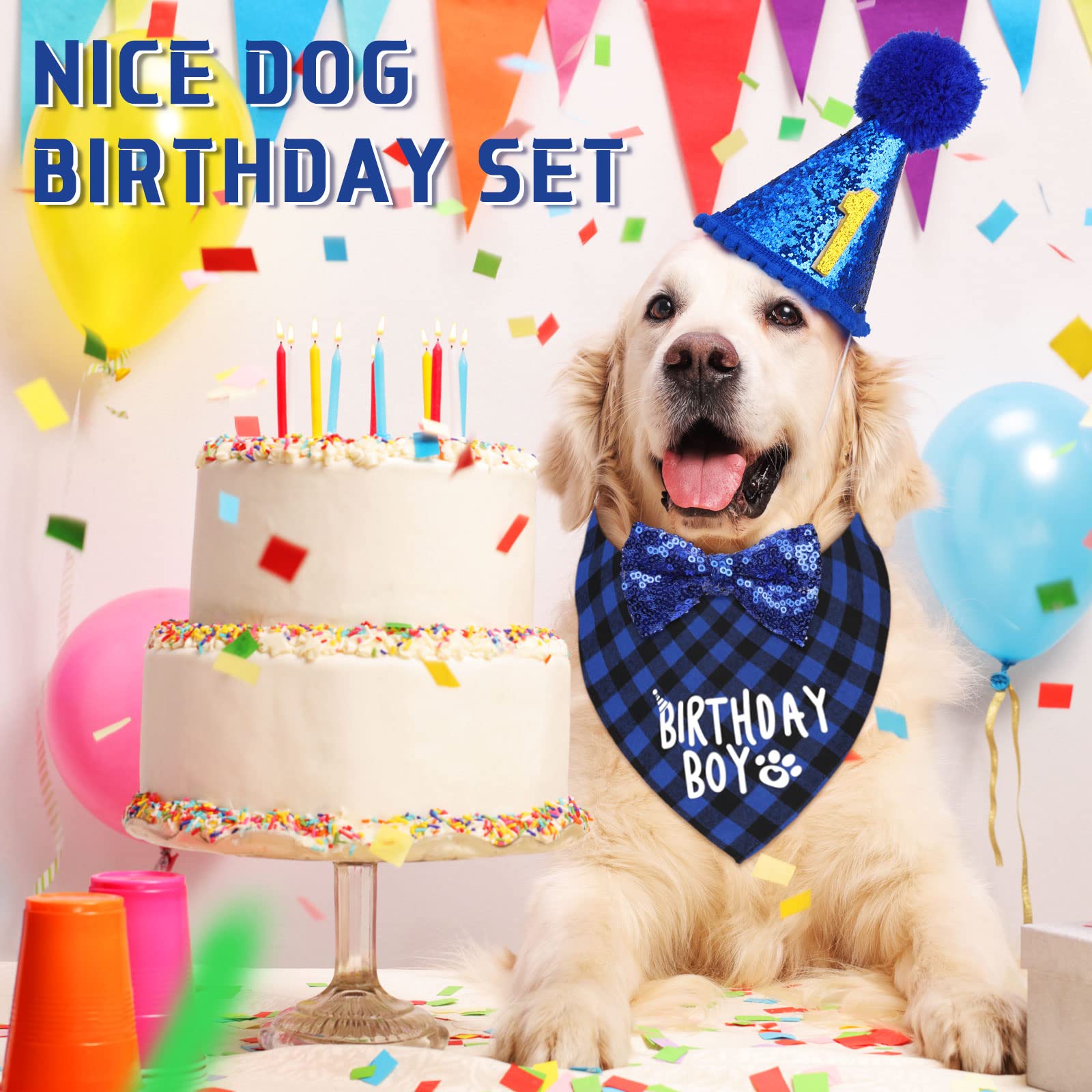 Dog Birthday Party Supplies Birthday Boy Girl Cake Bandana Triangle Scarf Clothes Shirt Cute Dog Hat Dog Bow Tie Collar With 0-8 Numbers For Dog Puppy 1St Birthday Party Outfit(Cute Style)