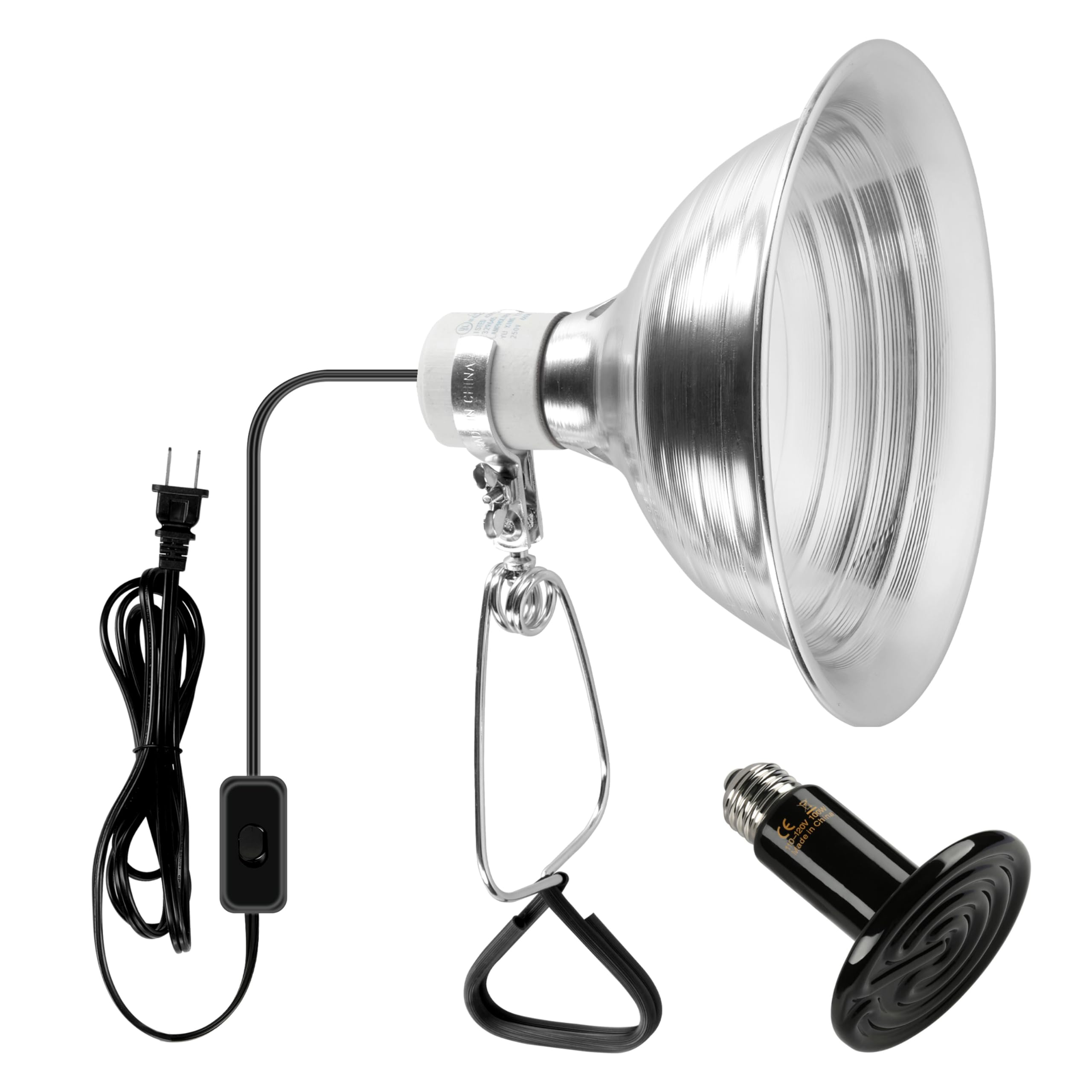 Simple Deluxe 100W Ceramic Reptile Heat Lamp Bulb & 150W Clamp Light with 8.5 Aluminum Reflector Combo for Amphibian Pets, Silve