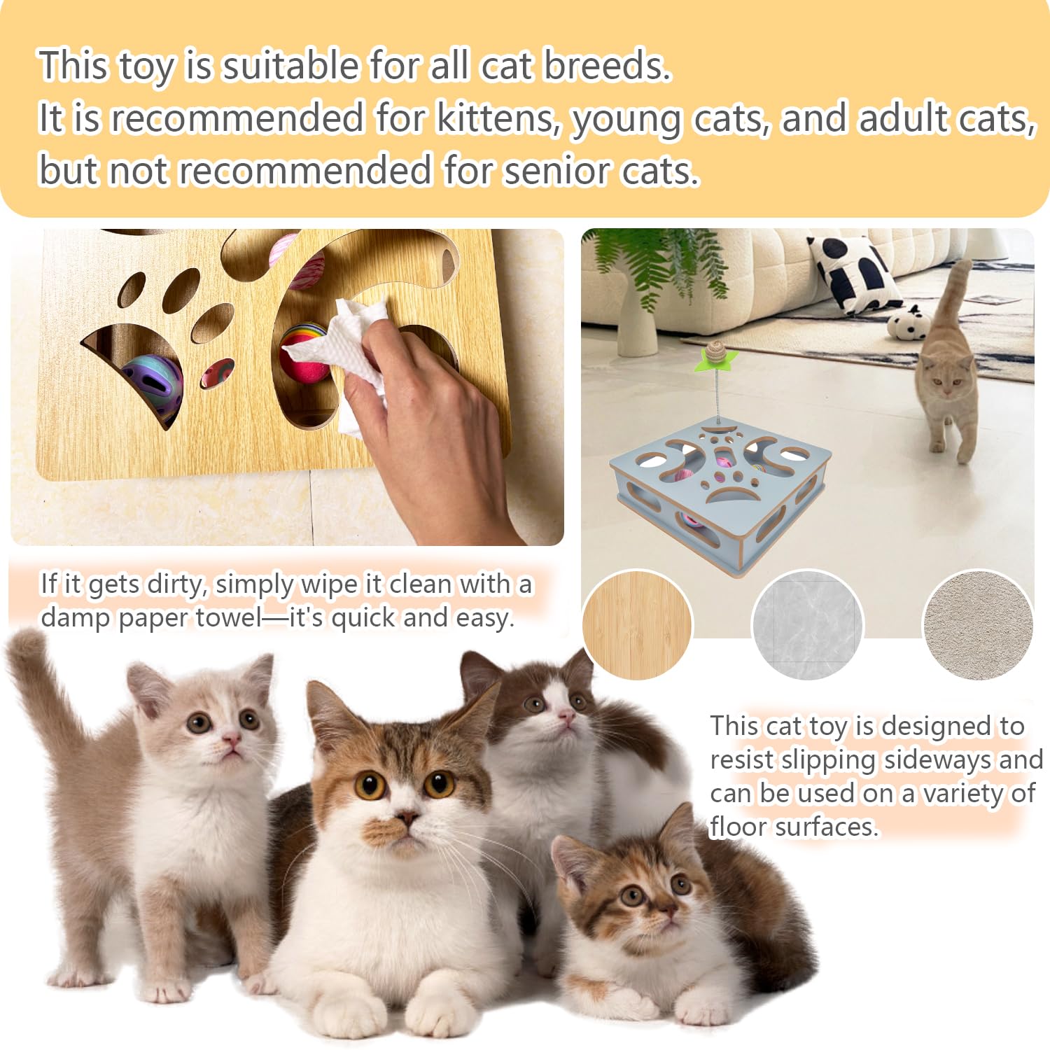 MUCAOL Interactive Wooden Cat Puzzle Toy Box Indoor Hunting Play Toy to Stimulate Your Cats Energy and Instincts (Blue)