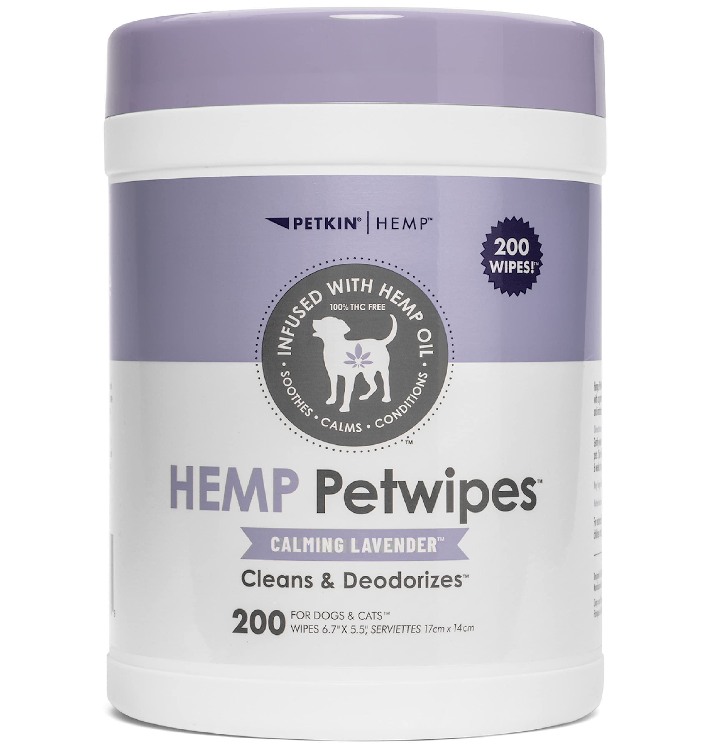 Petkin Hemp Pet Wipes For Dogs And Cats - With Hemp Oil & Calming Lavender Scent, 200 Count - Soothes, Calms & Conditions - Wipe