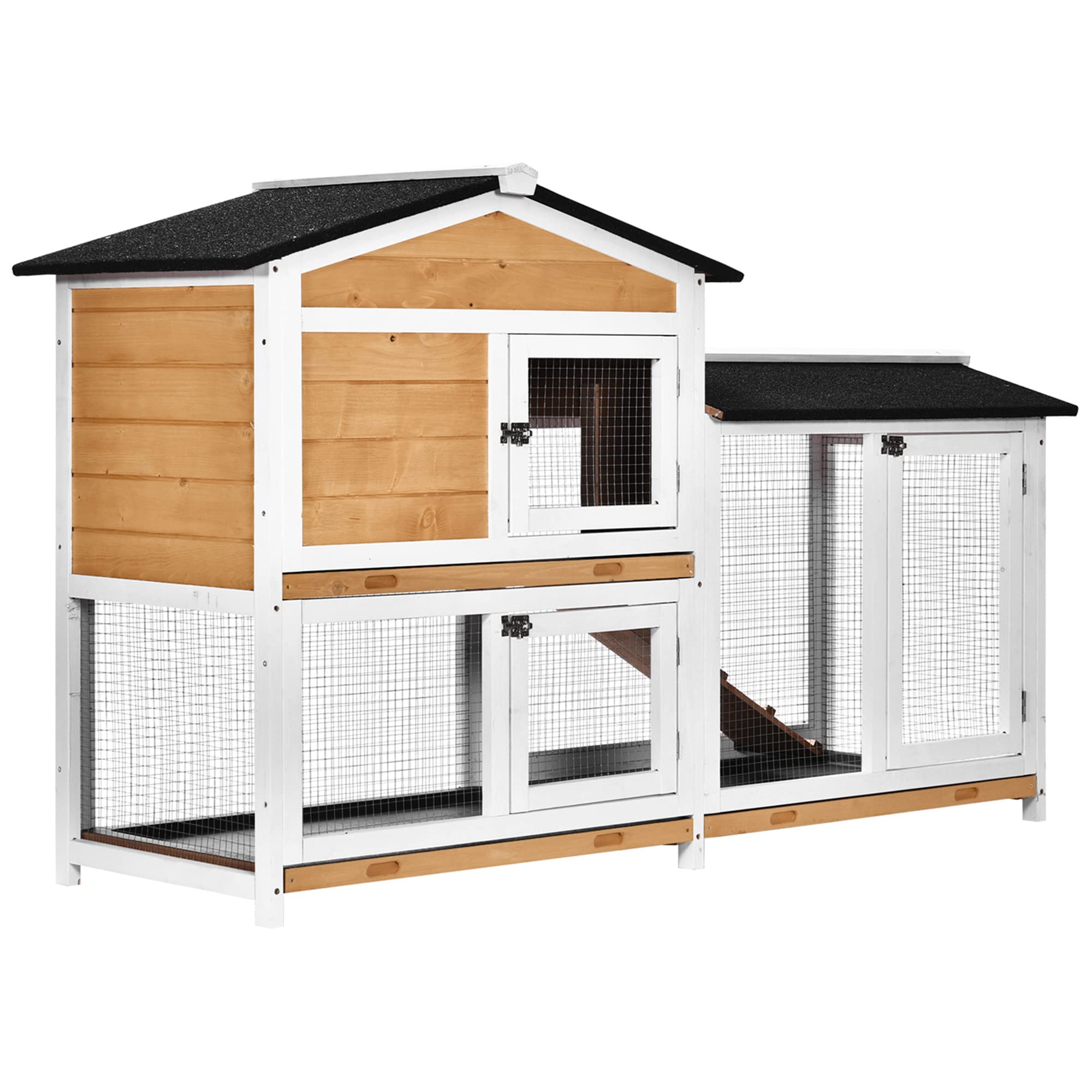 PawHut 62 Rabbit Hutch, Wooden Bunny Hutch, Guinea Pig Cage, Small Animal Enclosure with Run Area, Removable Tray, Asphalt Roof,