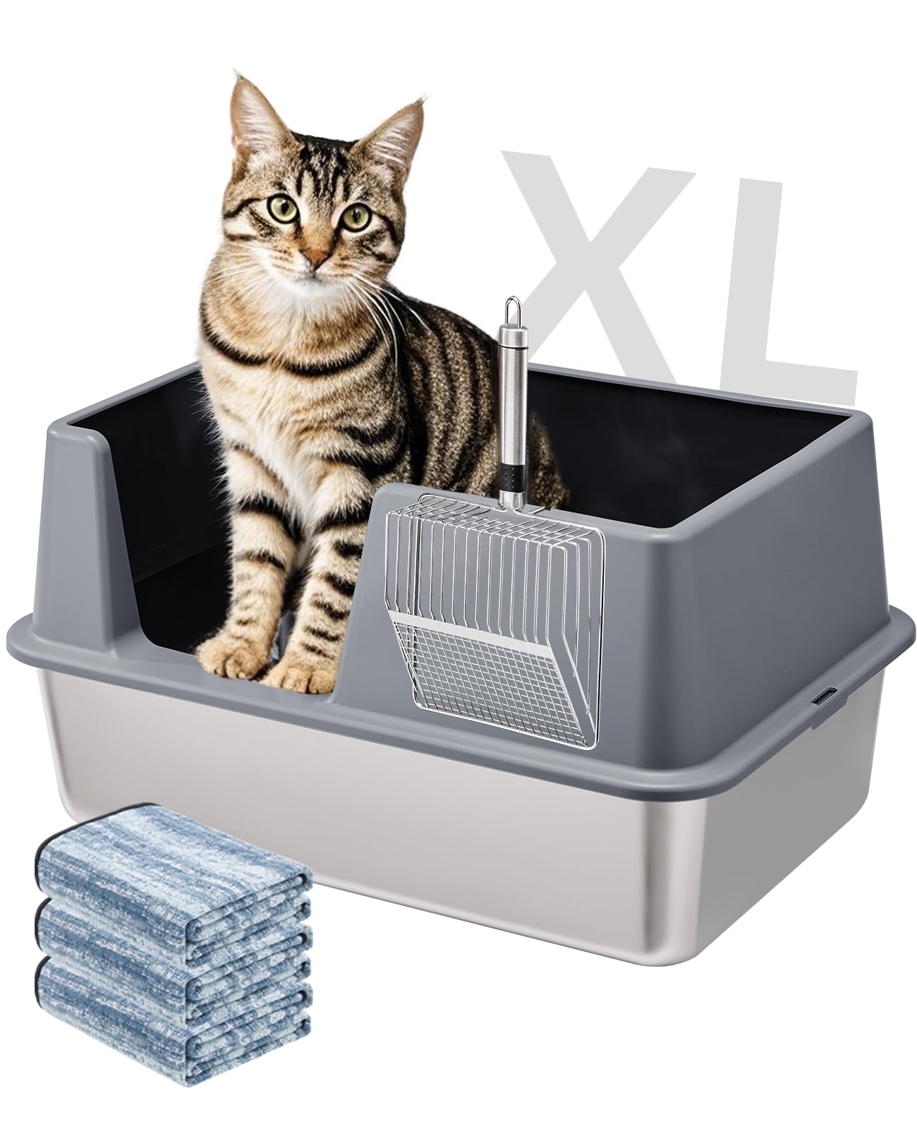 Stainless Steel Litter Box With Lid, Extra Large Metal Cat Box For Big Cats, High Sided Kitty Litter Box With Scoop & Pee Pads, 