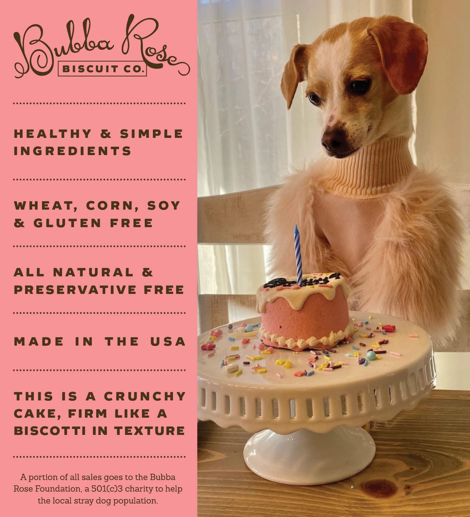 Bubba Rose Biscuit Company: Pink Dog Birthday Baby Cake - Crunchy Biscuit Texture - Natural Gourmet Pet Treat - Dog Cake - 3 inc