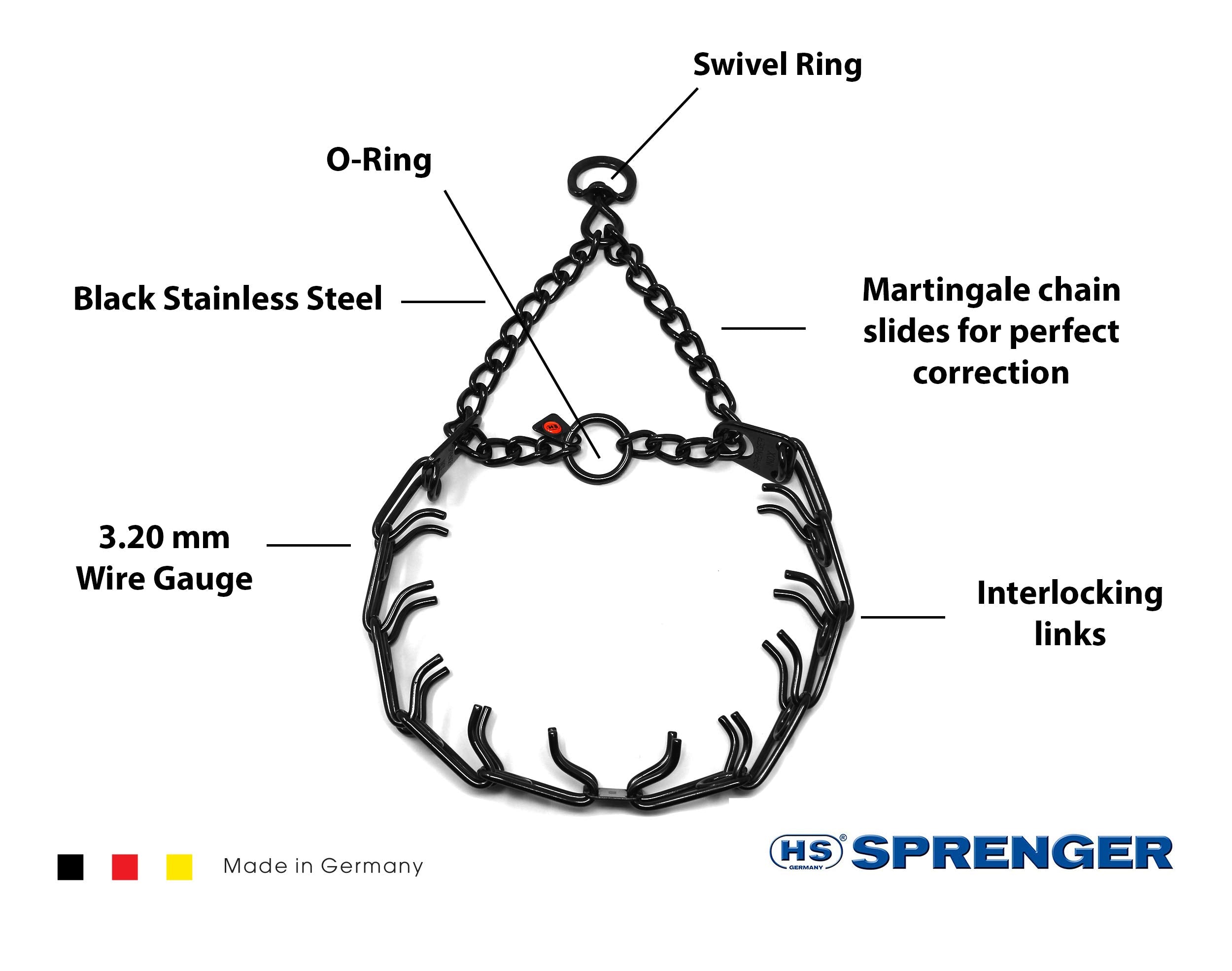 Dogline Herm Sprenger Black Stainless Steel Prong Dog Training Collar, 23in x 3.2mm, No-Pull, Made in Germany