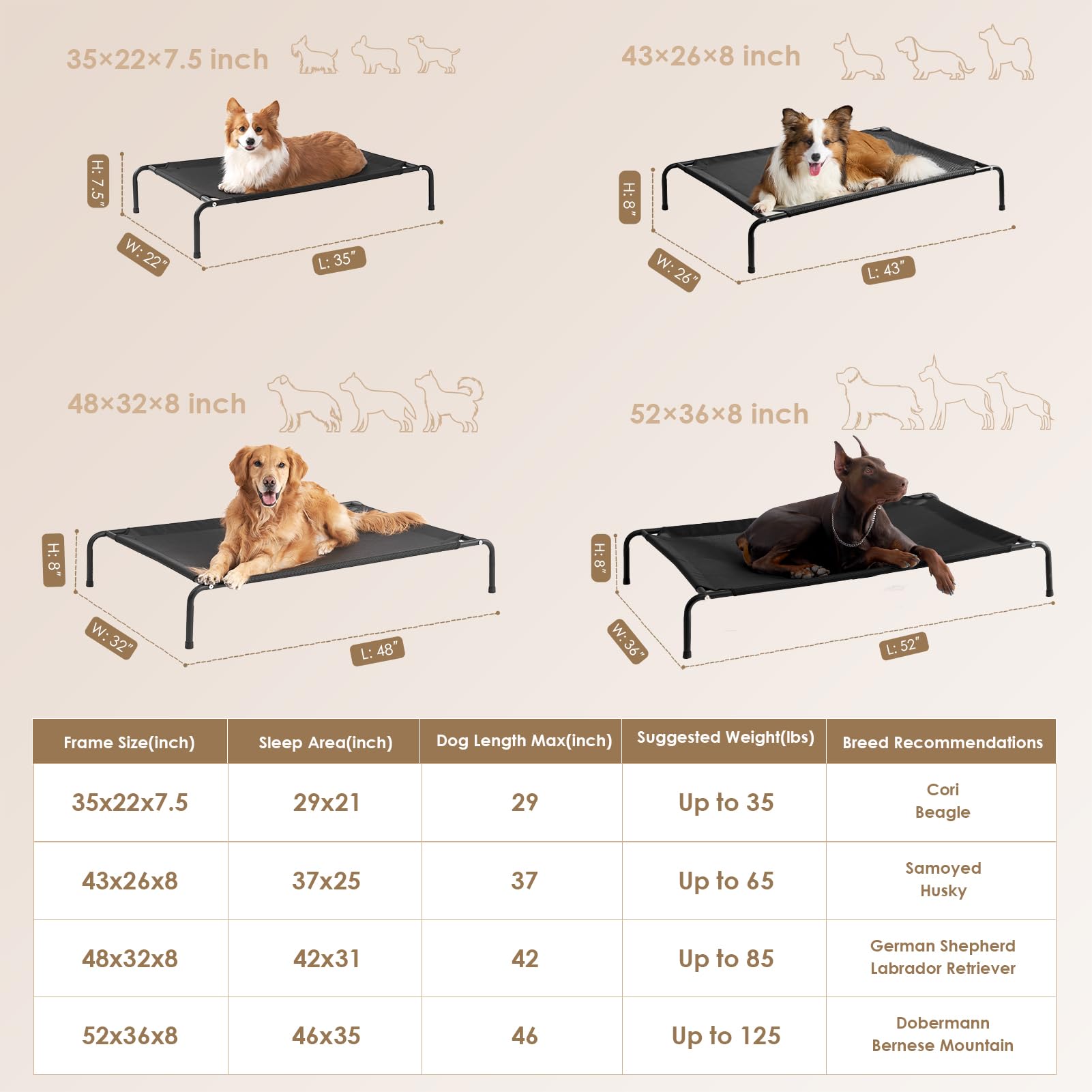 EHEYCIGA Elevated XL Dog Cot Bed, Raised Outdoor Dog Hammock for Extra Large XLarge Dogs, Lifted Pet Platform with Frame and Was