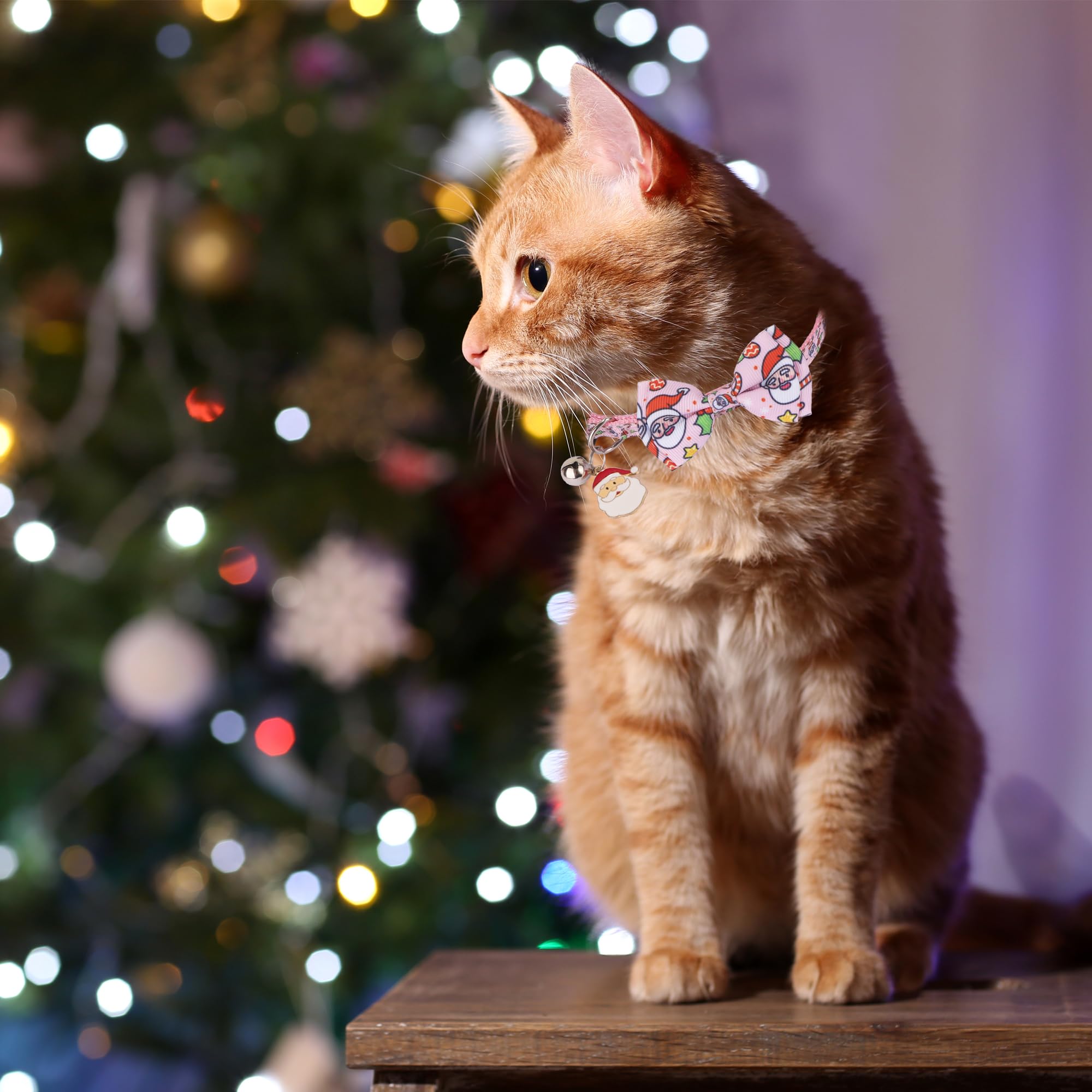 Adoggygo Pink Christmas Cat Collar With Removable Bowtie Bell, 2 Pack Pink Santa Gingerbread Man Christmas Collars For Female Ca