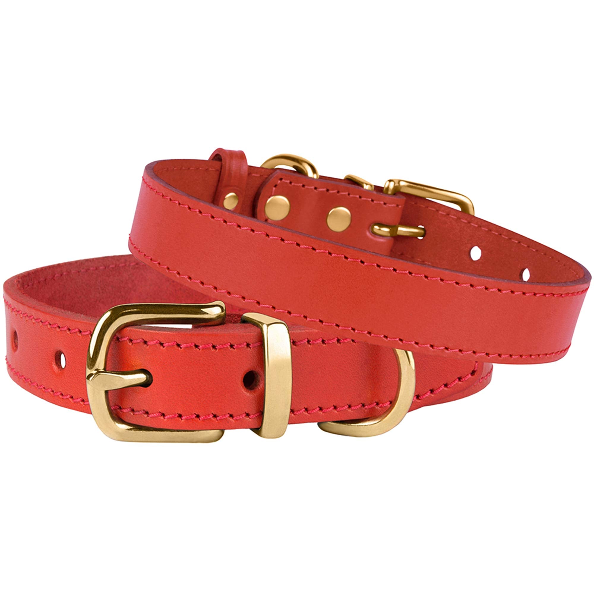 Bronzedog Leather Dog Collar With Metal Buckle Durable Basic Pet Collars For Small Medium Large Dogs (14-17 Inch (Pack Of 1), Red & Gold Buckle)