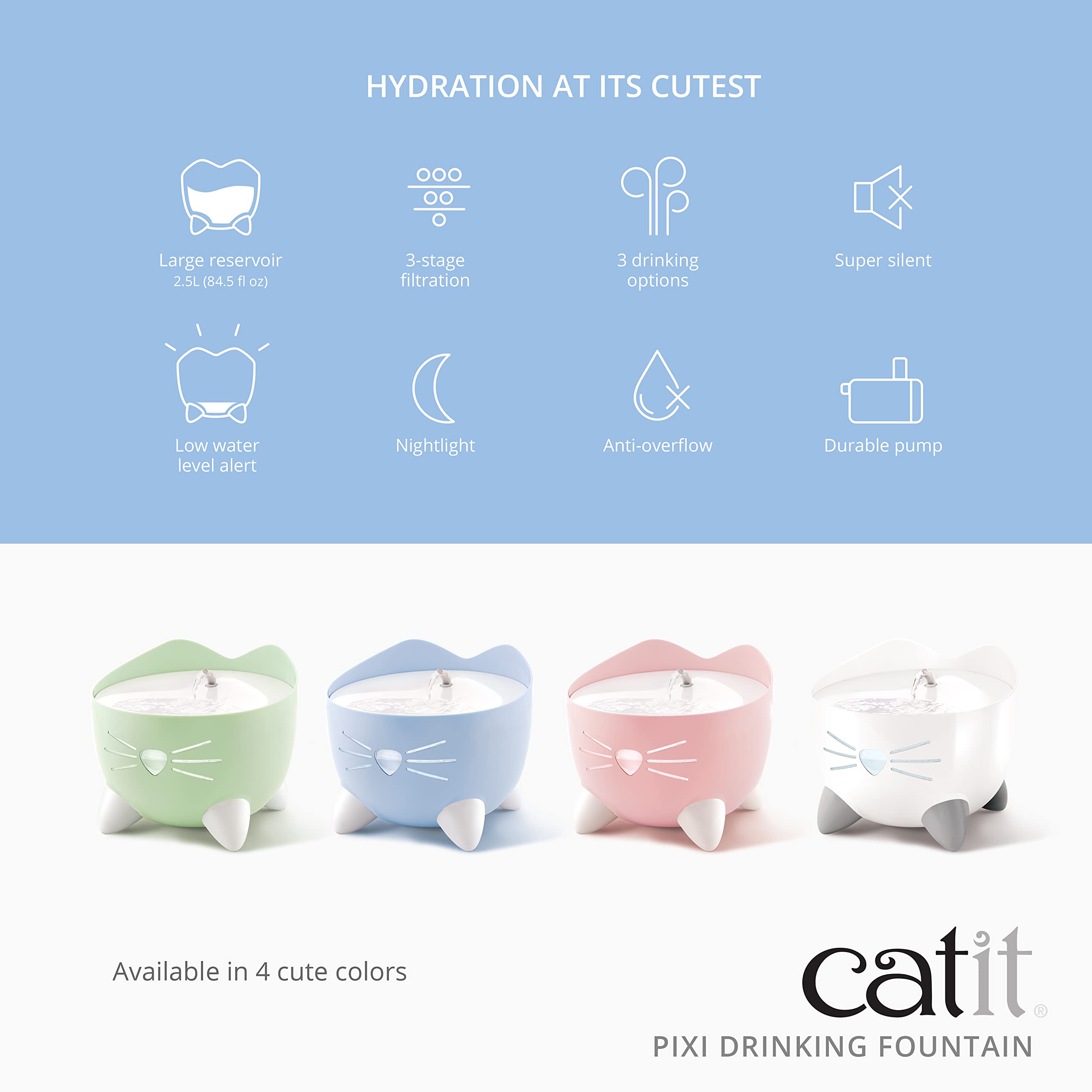 Catit Pixi Cat Drinking Fountain, Running Water Fountain, Blue