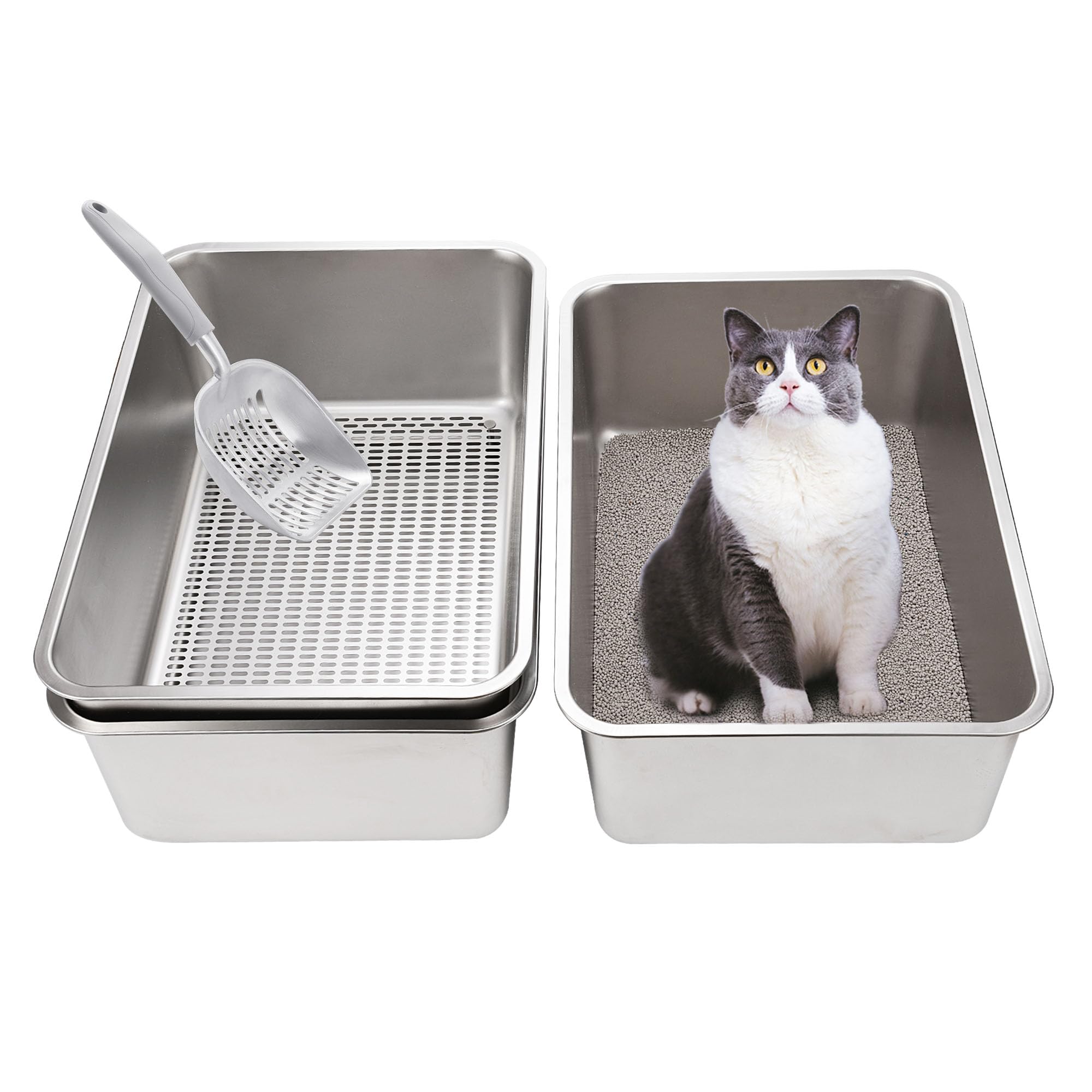 Sorstrem Sifting Stainless Steel Cat Litter Box For Clay & Pine Pellets