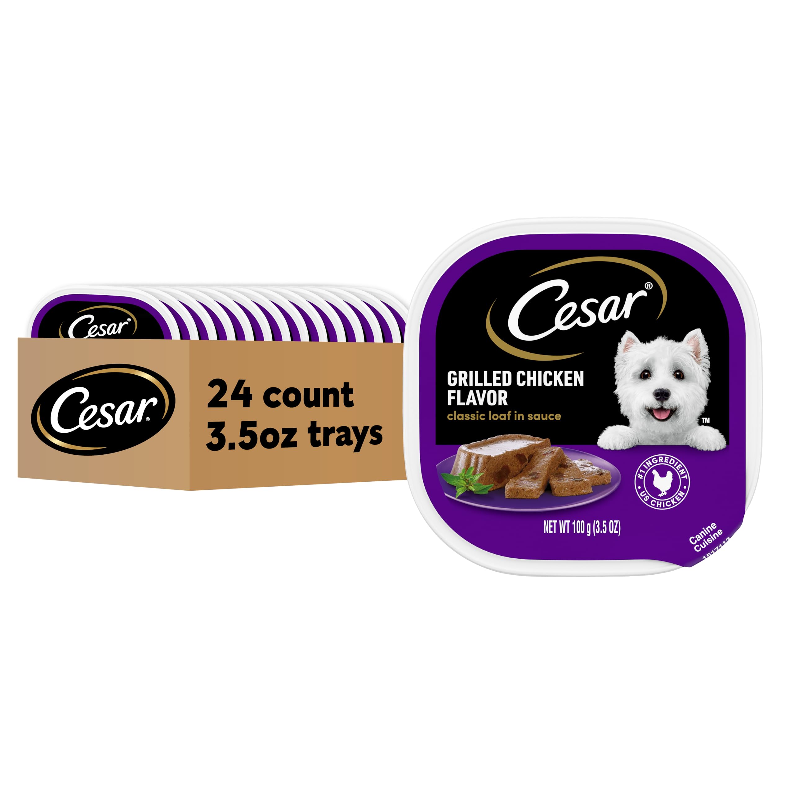 Cesar Wet Dog Food Classic Loaf in Sauce Grilled Chicken Flavor, 3.5 oz. Easy Peel Trays (24 Count, Pack of 1)