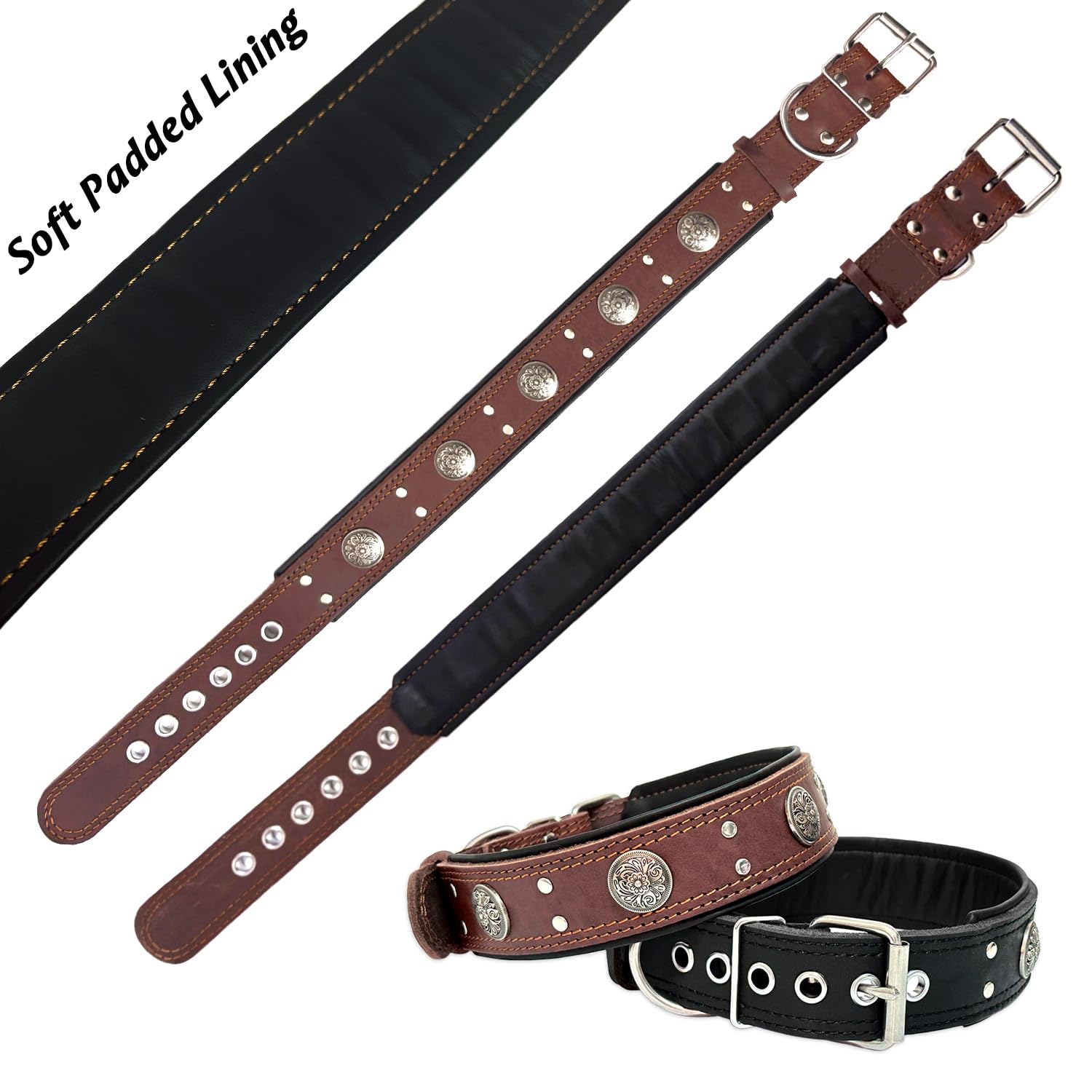 Leather Dog Collar For Large Medium Dogs, Heavy Duty 2 Inches Wide Dog Collars, Thick, Strong, Luxury And Studded Collar For Dog