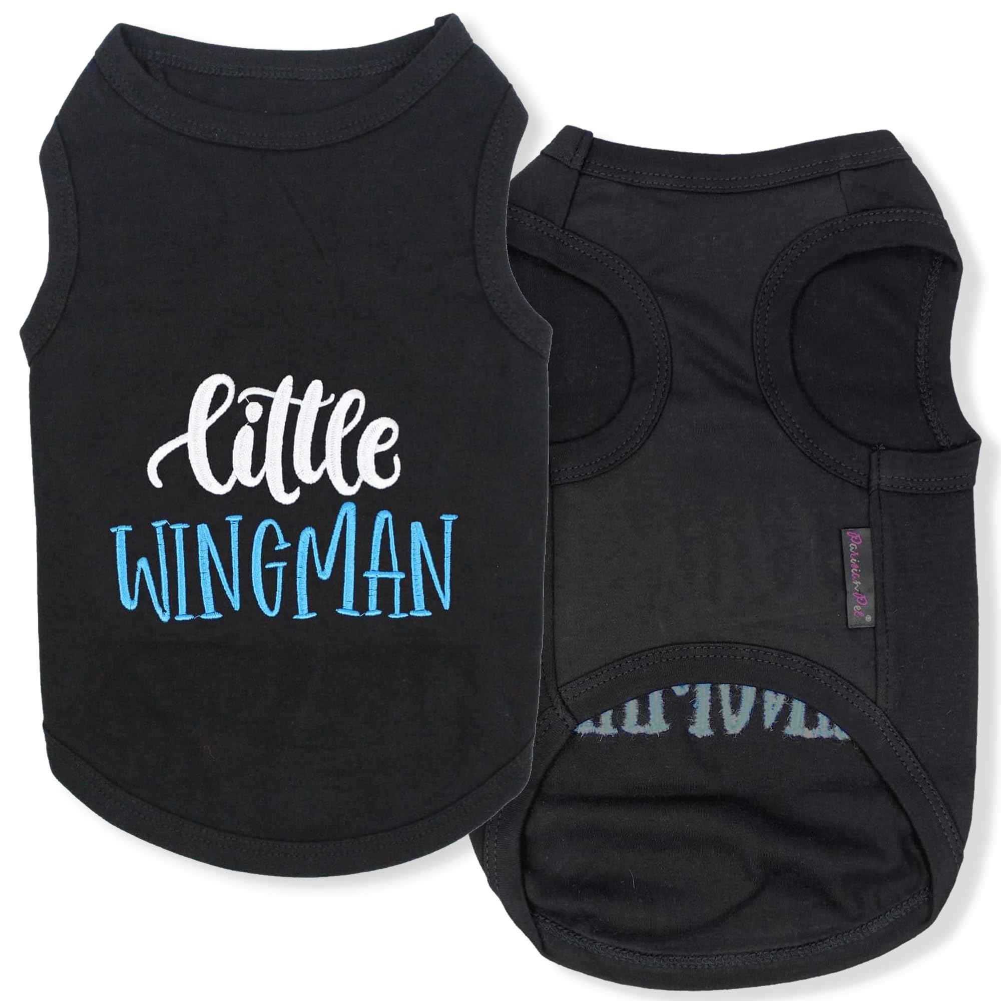 Parisian Pet Embroidered 'Little Wingman' Sleeveless Black Cotton Dog Tee - Machine Washable For Large Dogs
