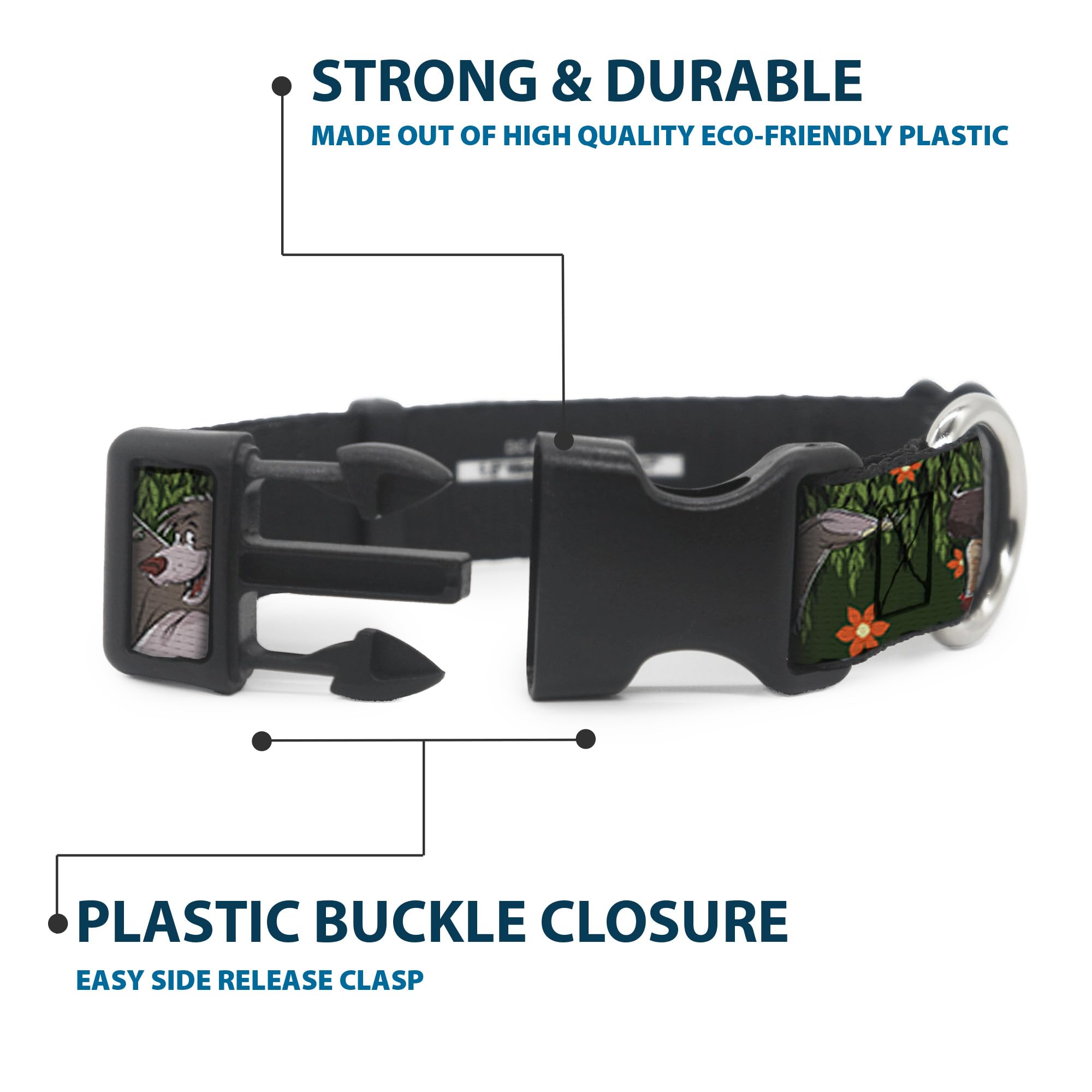 Buckle-Down Plastic Clip Collar - Mowgli & Baloo 3-Poses Leaves/Flowers Greens/Orange - 1/2' Wide - Fits 8-12' Neck - Medium
