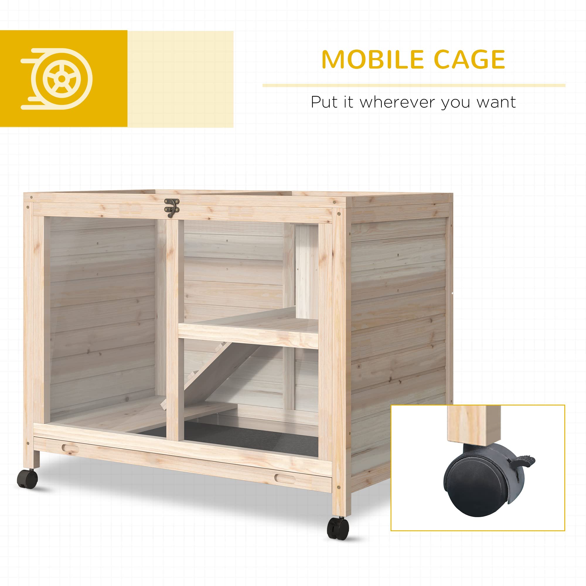 PawHut Indoor Rabbit Hutch with Wheels, 36"L x 21"W, Natural Fir Wood, Model D51-124ND, Waterproof Small Cage