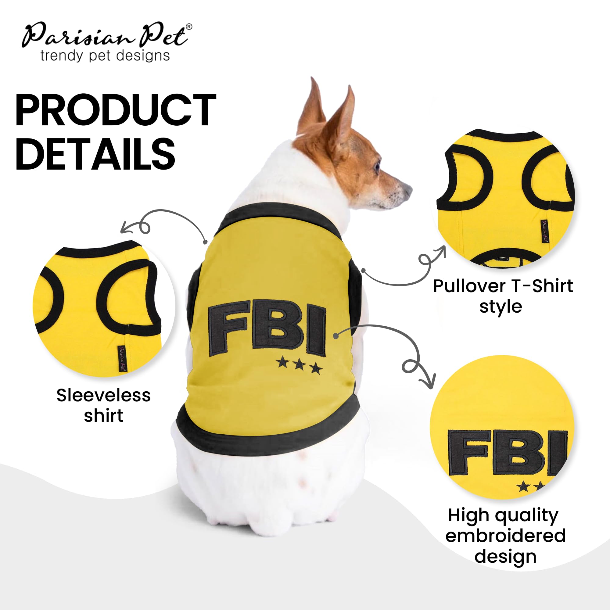 Parisian Pet Dog T-Shirt - Embroidered Fbi Shirt - 100% Cotton, Breathable Dog Clothes - Sleeveless Pet Vest - Machine Washable Yellow Dog Shirts For Large Dogs - 3Xl
