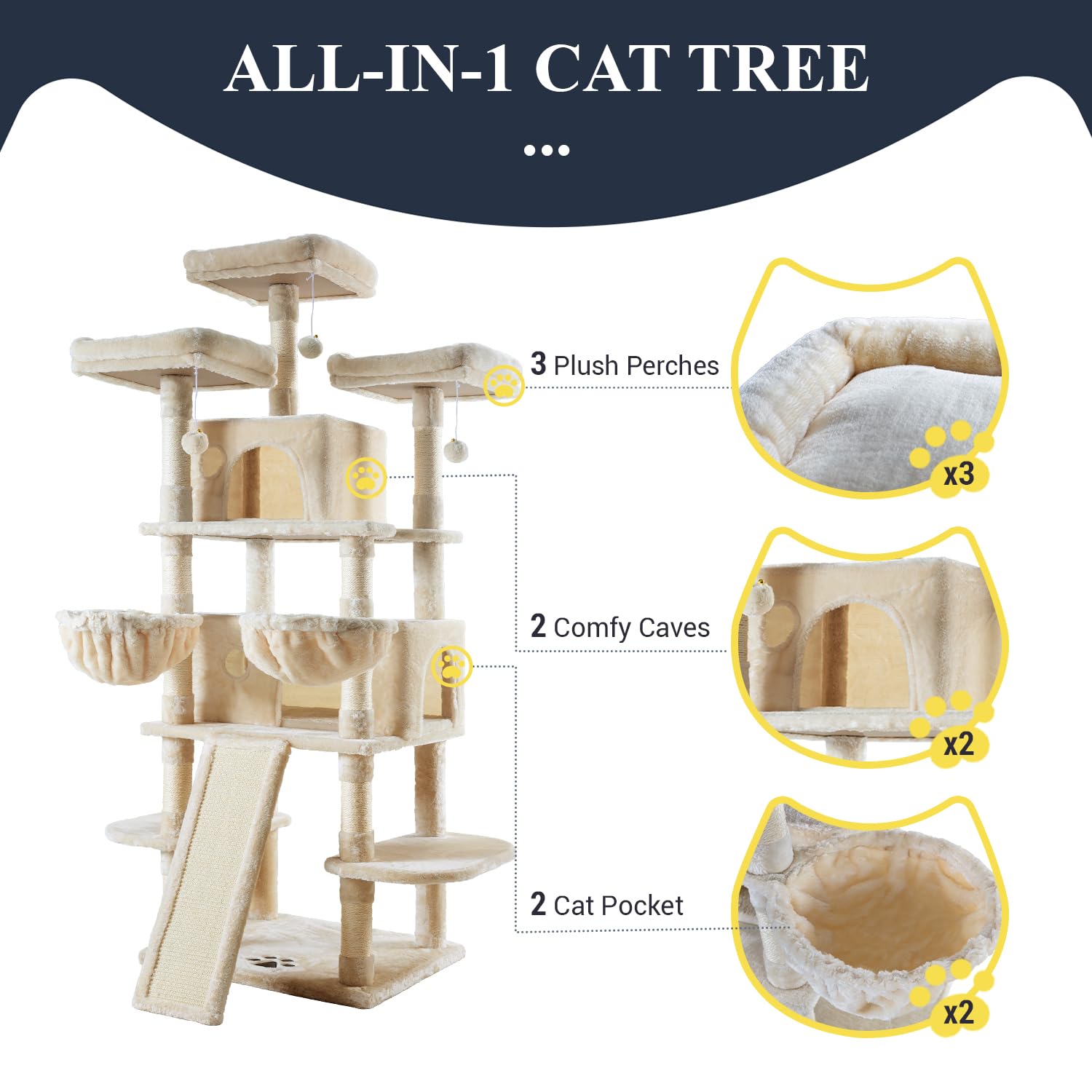 Allewie Cat Tree 68in Beige Multi-Level Climbing Tower with Condo for Big Felines Model AK-002BE