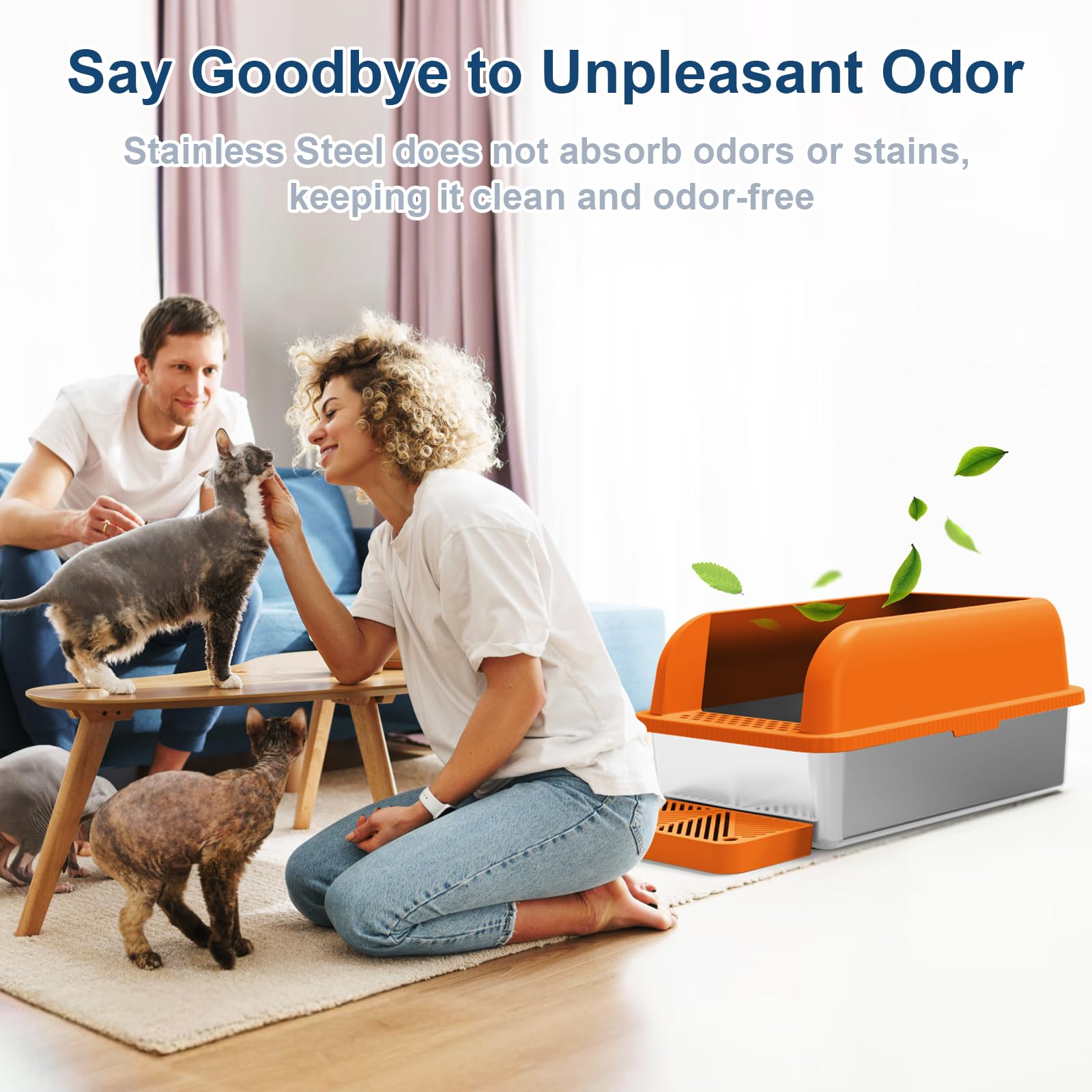 SuzziPaws Extra Large Stainless Steel Litter Box for Big Cats, 6” Deep, Orange & Silver, Model CP-MLB01OR, Anti-Leakage, Easy Cleaning