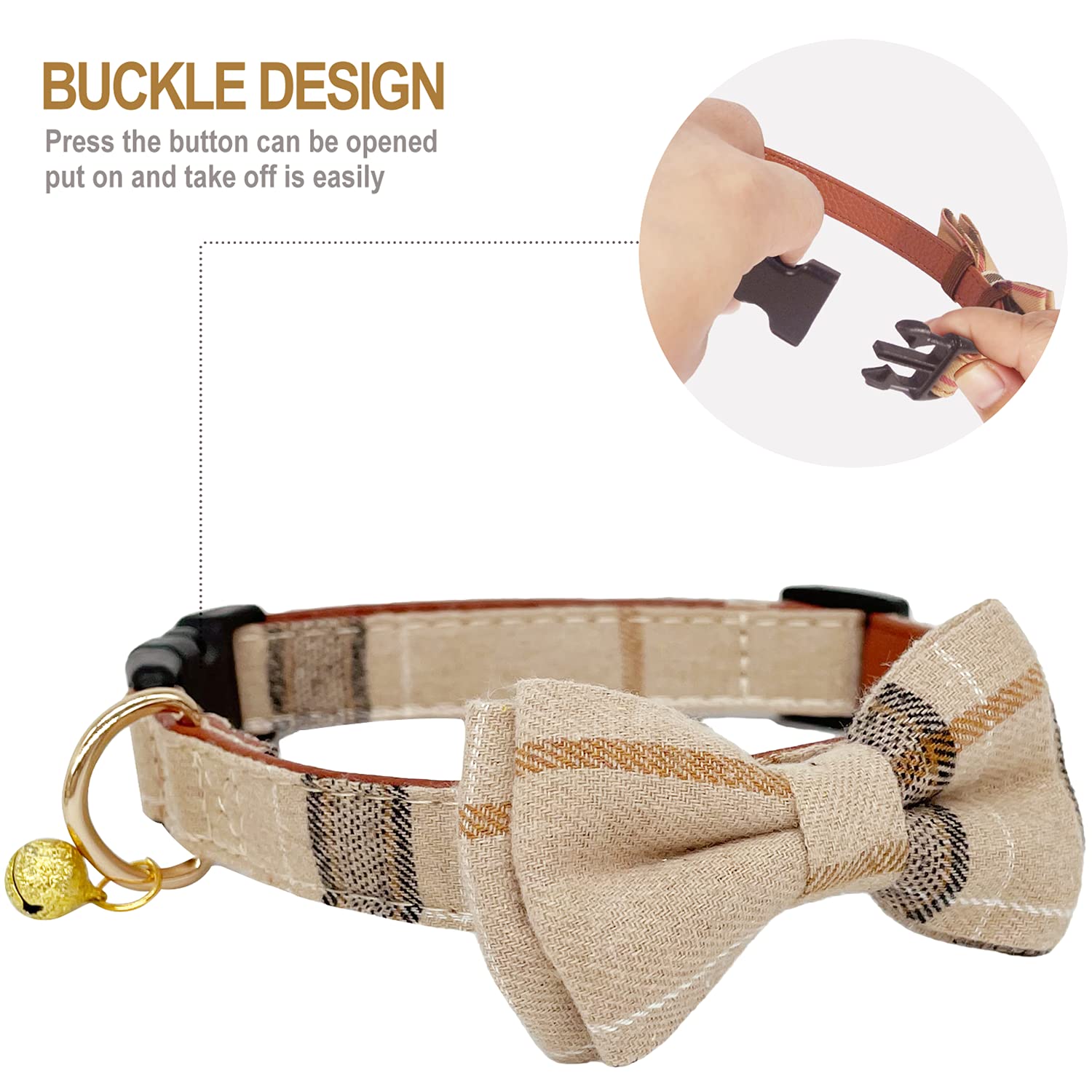 Kudes 2 Pack/Set Dog Collars With Bow Tie And Bells, Adjustable Cute Dog Bow Ties Collar For Small/Medium/Large Boys And Girls Pets (Beige & Brown, M(11.8''-17.8''))