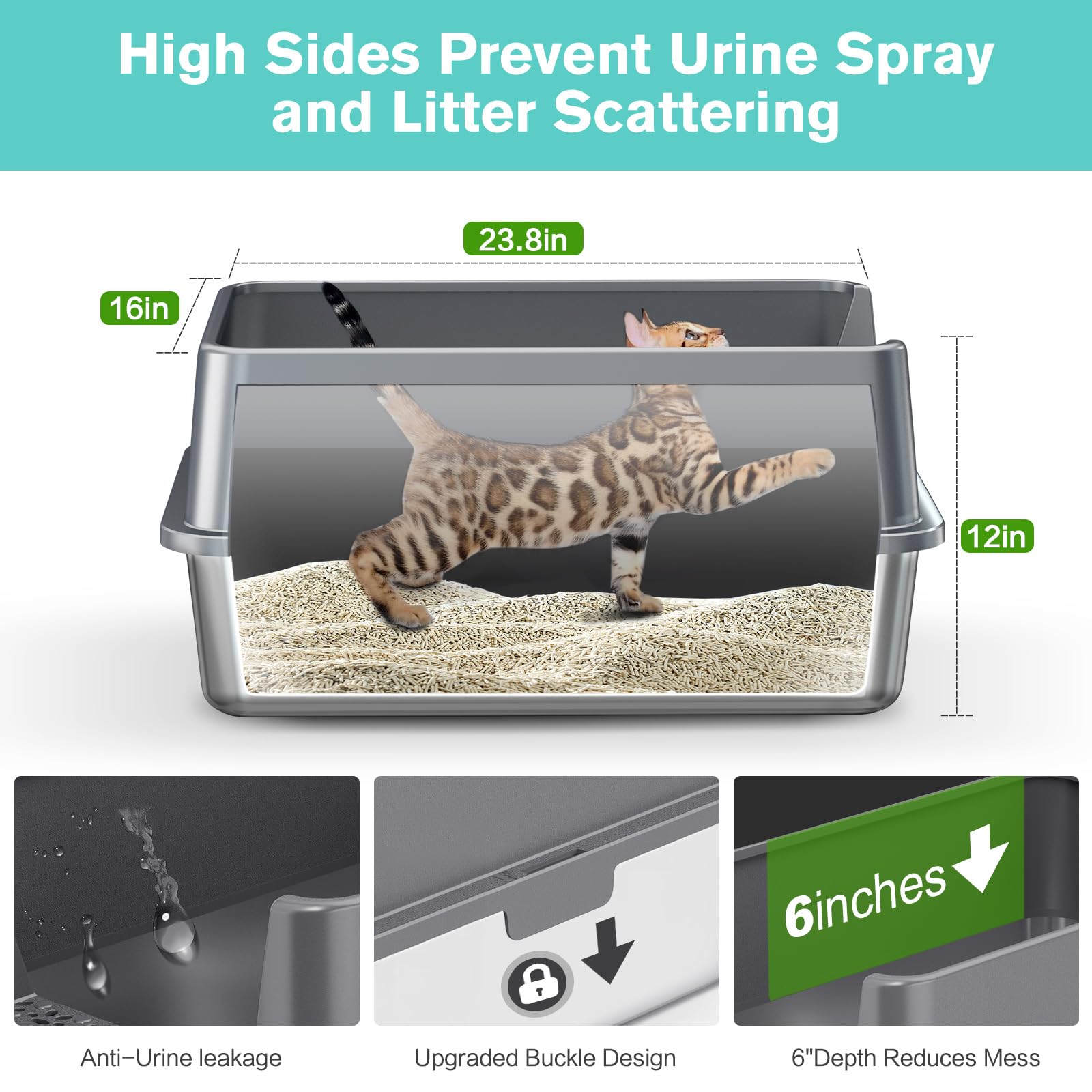 ICYAIR Stainless Steel Cat Litter Box 2PACK XL Anti-Leakage Dark Grey