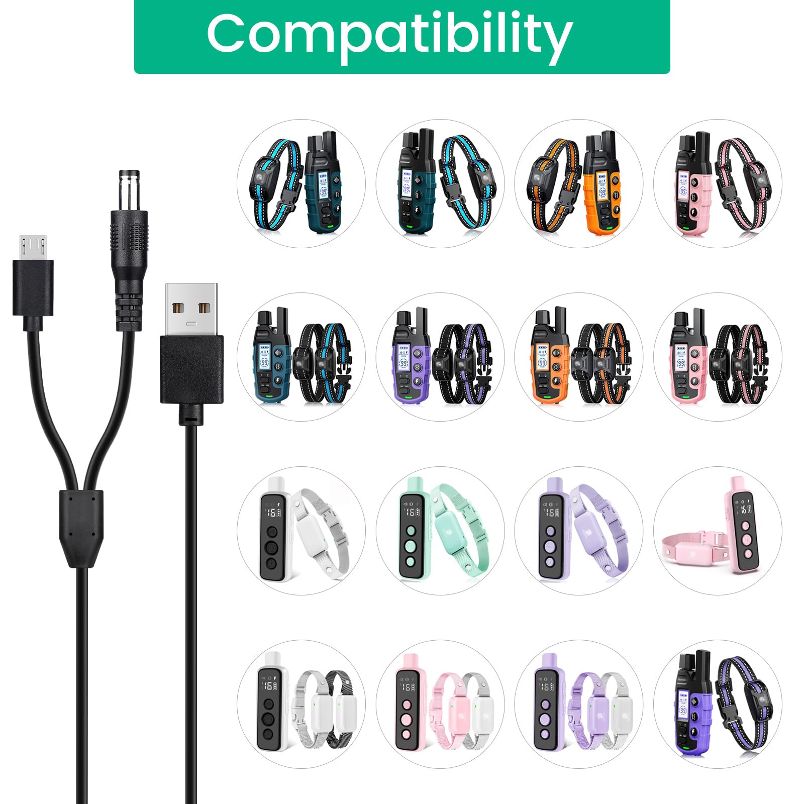 Weishan Dog Shock Collar Charger Cord - 3ft USB Charging Cable, Black, Model 2IN1-CABLE-BK-IV, for Bousnic RS2 & RS2B Training Coll