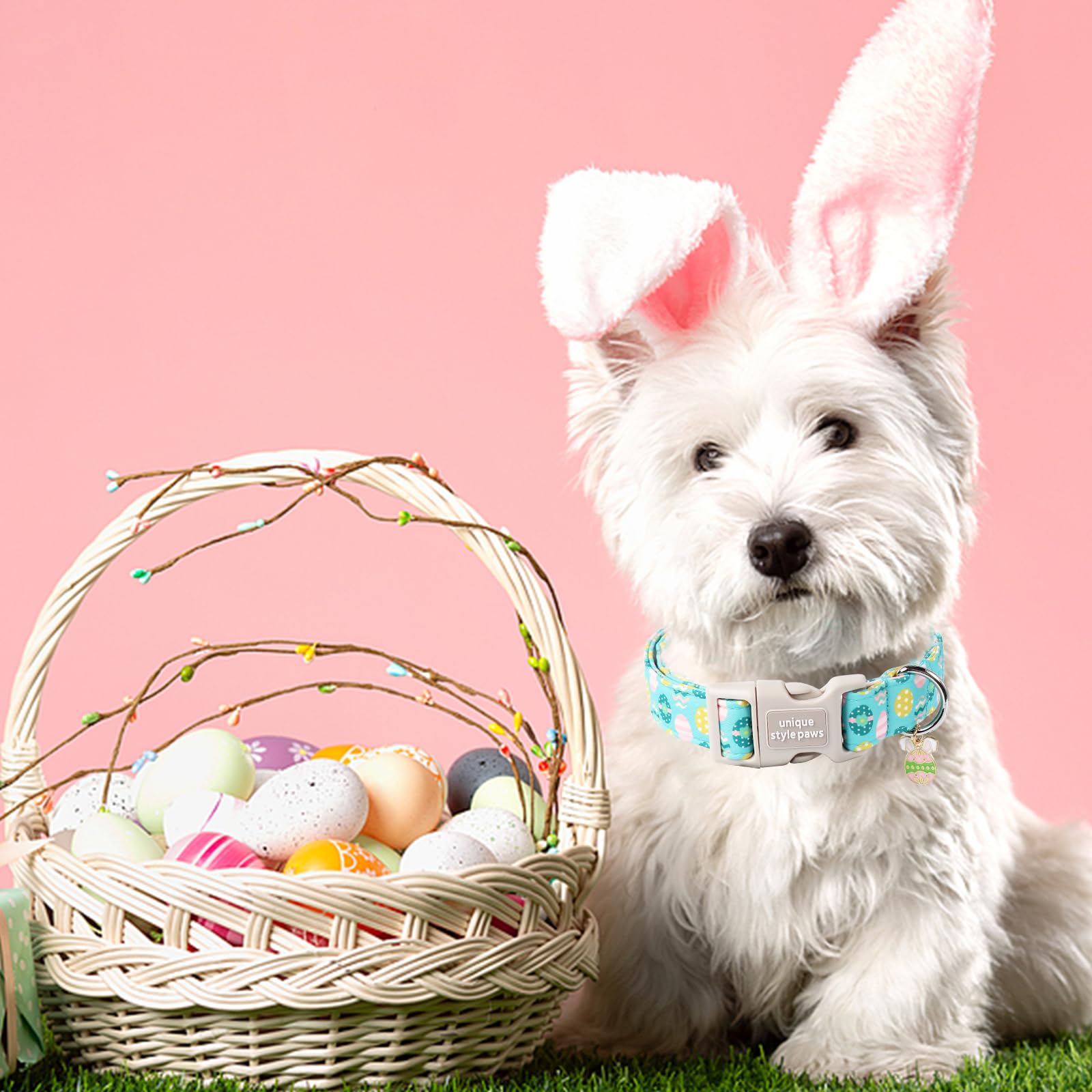 Unique Style Paws Blue Egg Dog Collar, Cotton, Adjustable, Large, Medium, Small, Quick Release Buckle, Easter Pattern