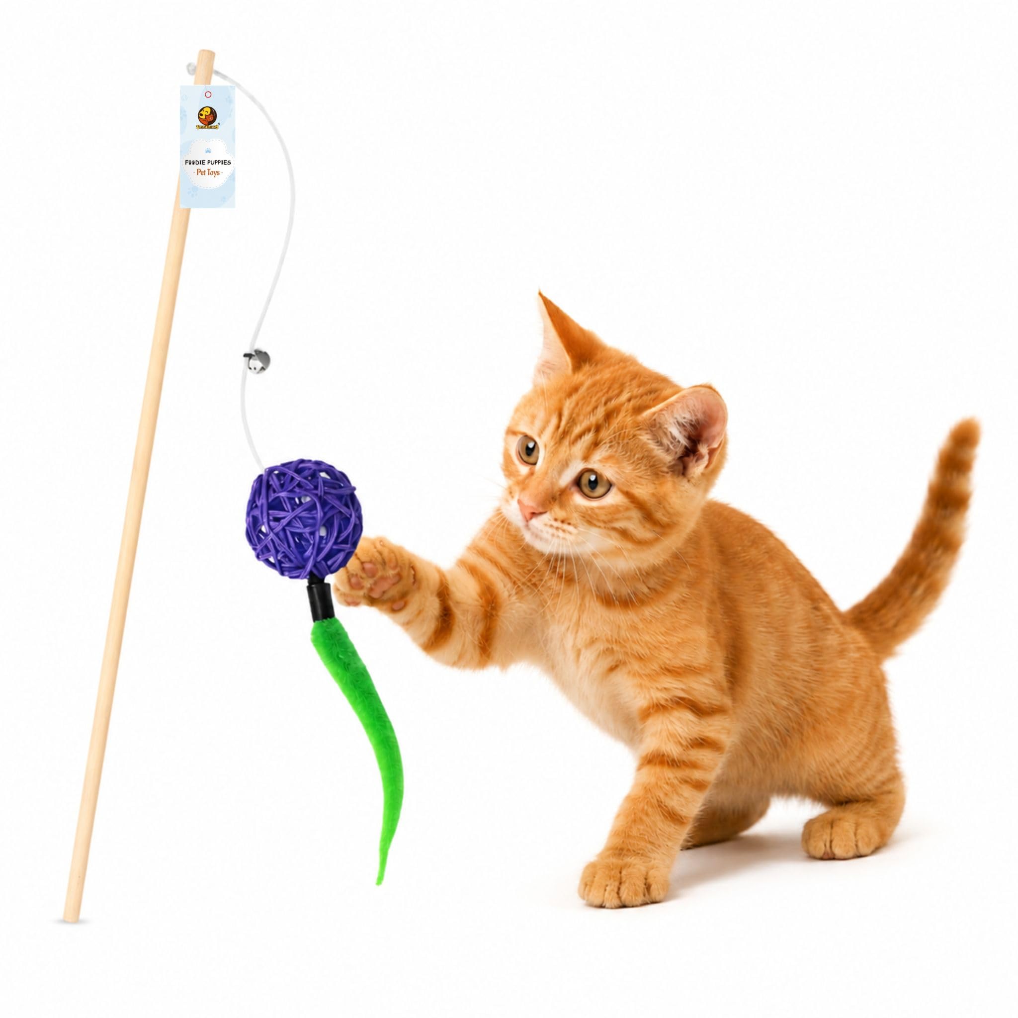 Foodie Puppies Interactive Cat Teasing Wand  (Rattle Ball Teaser) For Cats And Kittens | Wooden Teaser With Stringed Feathers, 