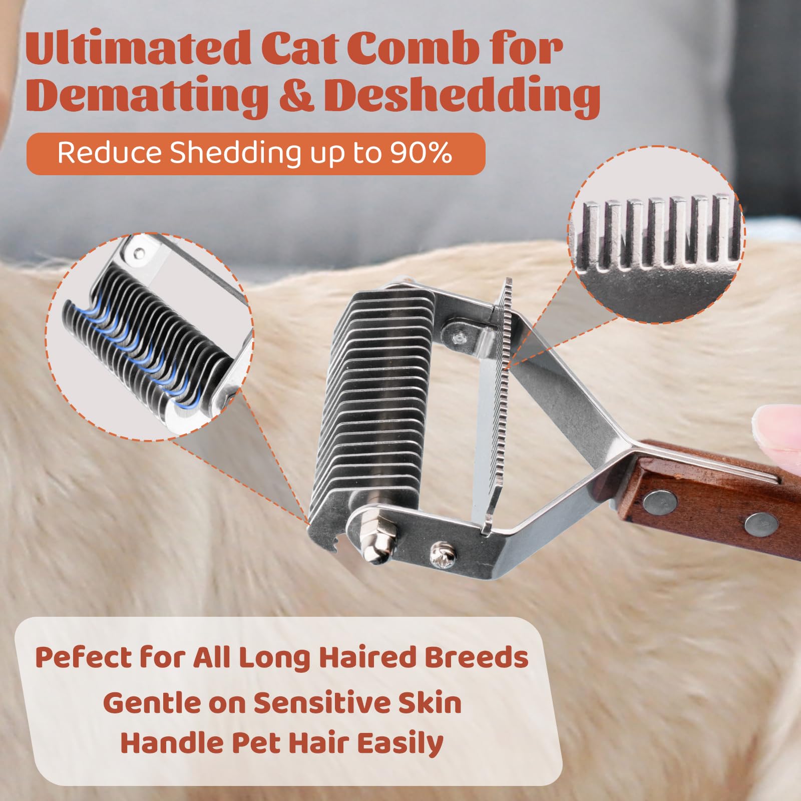 BRUSH FAMILY Cat Grooming Brush - Dematting & Deshedding Tool, Medium Size, Brown Wood Handle, Metal Comb for Long Haired Pets